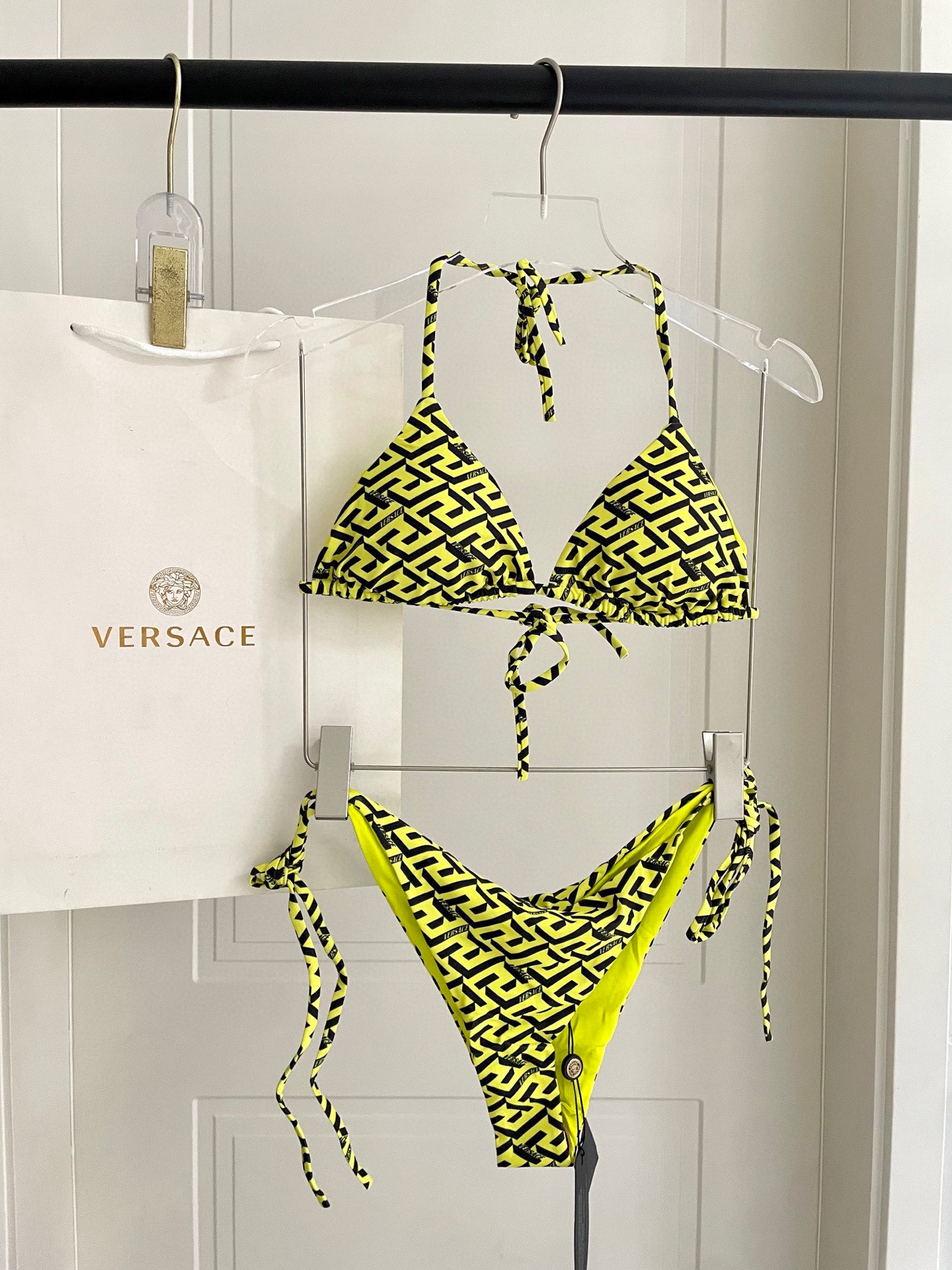 Versace Neon Yellow Greca Monogram Print Medusa Charm Triangle Bikini Two-Piece Swimsuit - KAIROO
