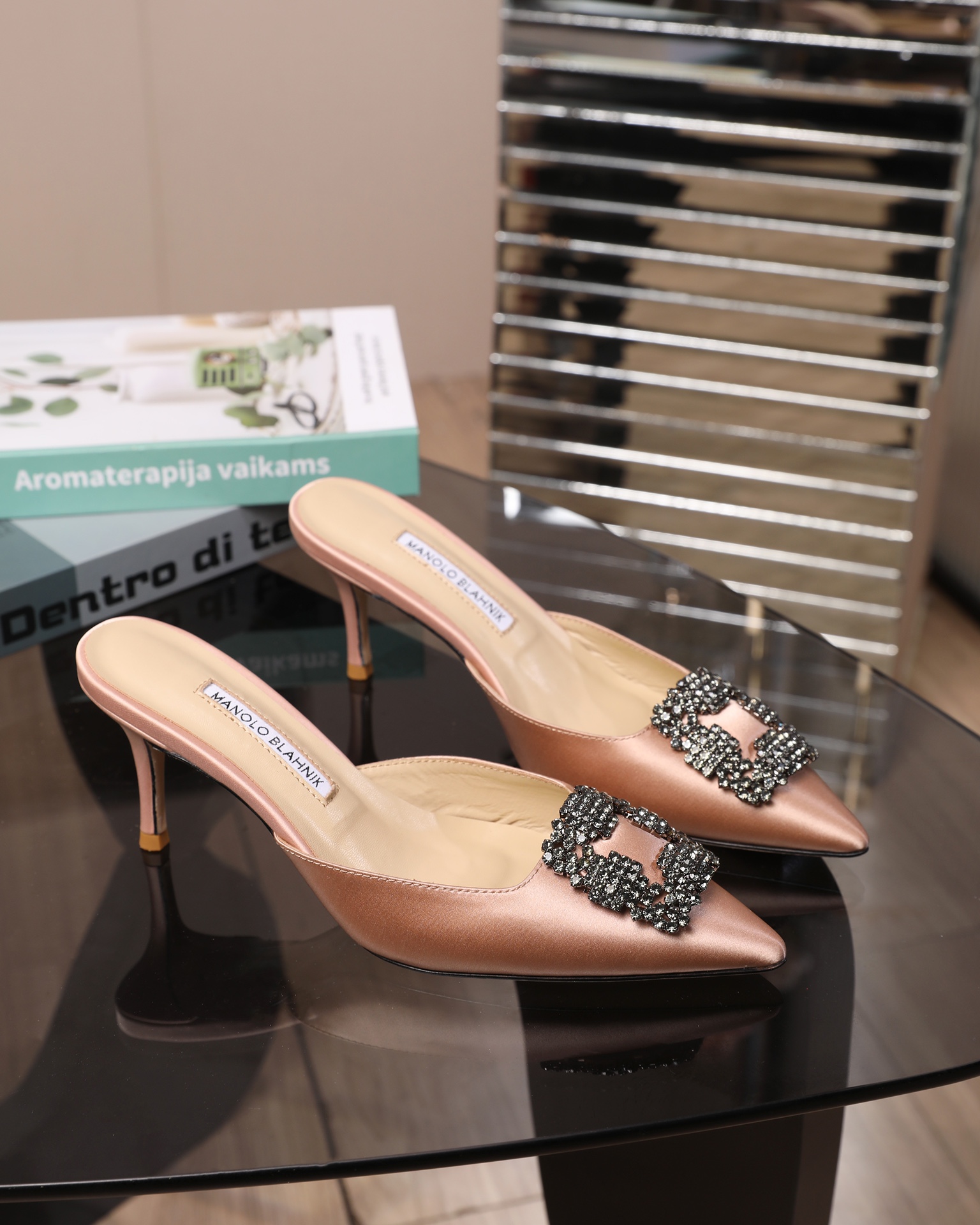 Manolo Blahnik Swarovski Crystal Satin Heeled Slide