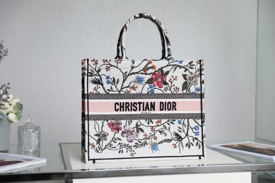 Dior Book Tote White MultiColor Dior Petites Fleurs Embroidery