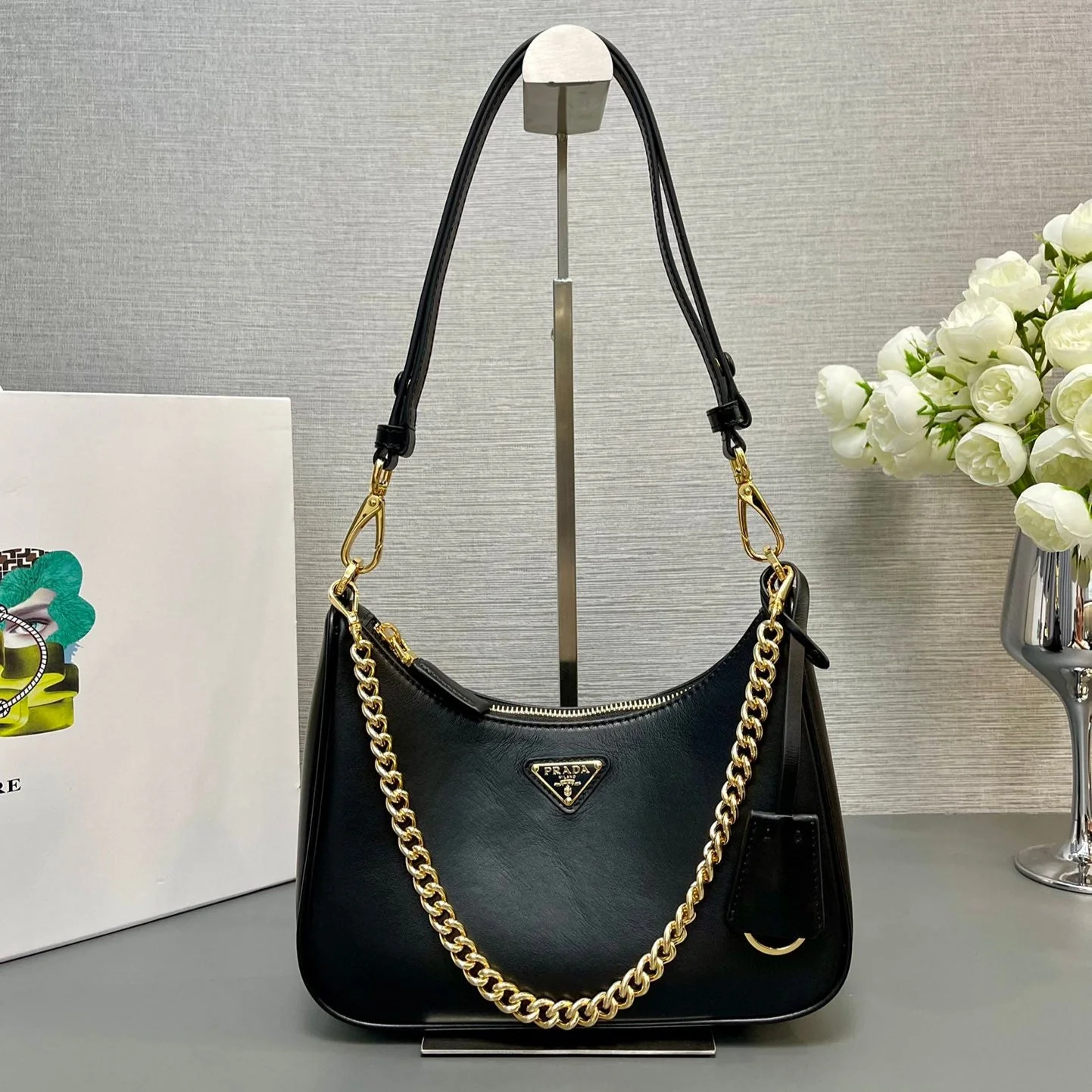 Prada HOBO BAG 23 IN BLACK SMOOTH NAPPA LAMBSKIN GOLD HARDWARE