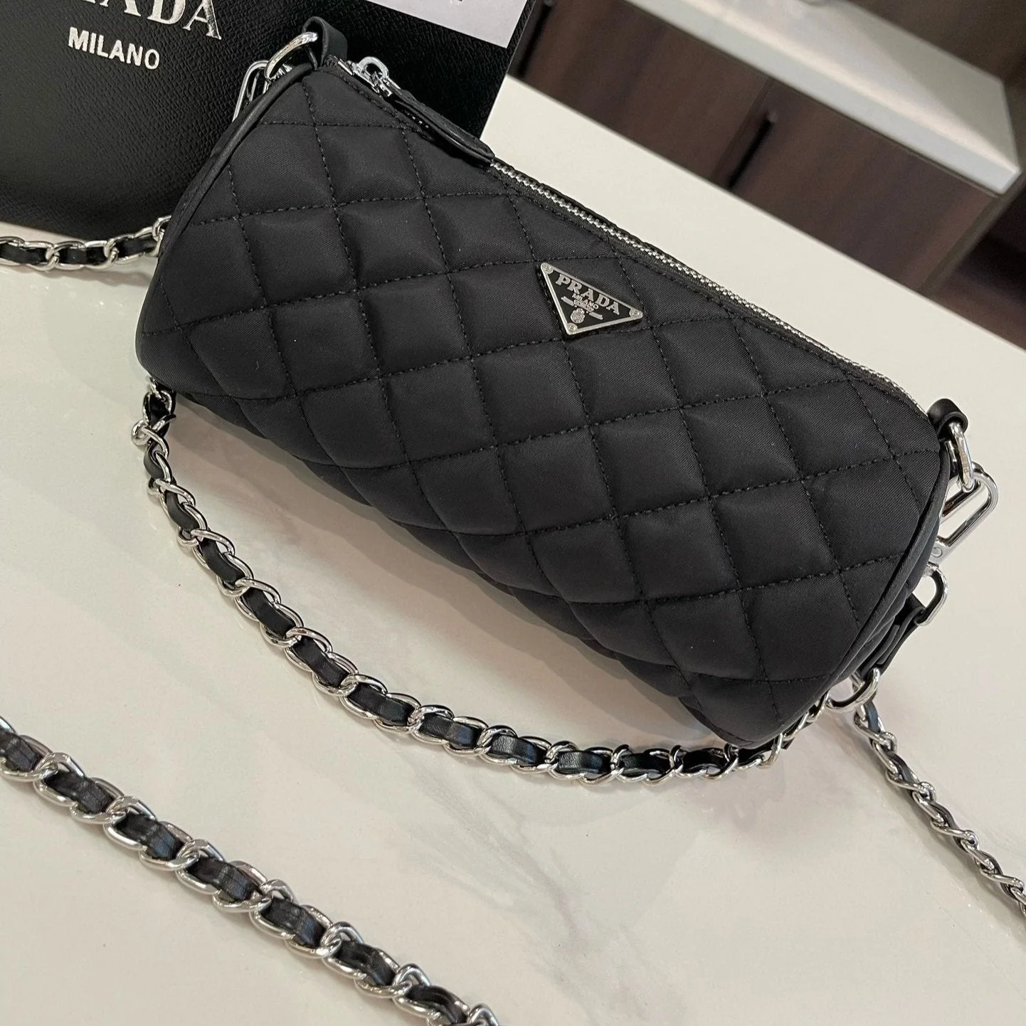 Prada CYLINDRICAL 20 BAG IN BLACK RE-NYLON SILVER HARDWARE