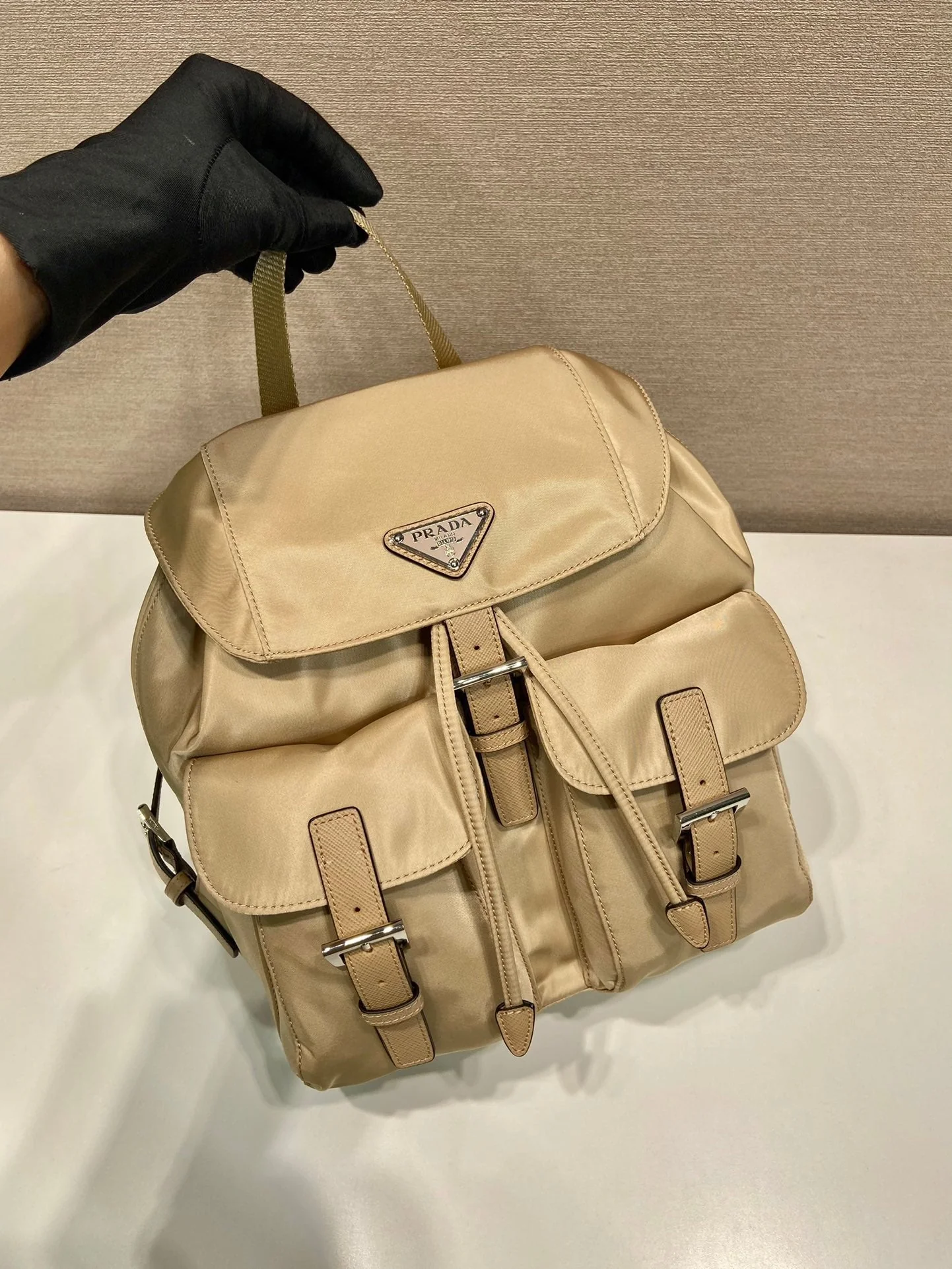 Prada  SMALL BACKPACK 28 IN SHOELACE BEIGE PARACHUTE FABRIC