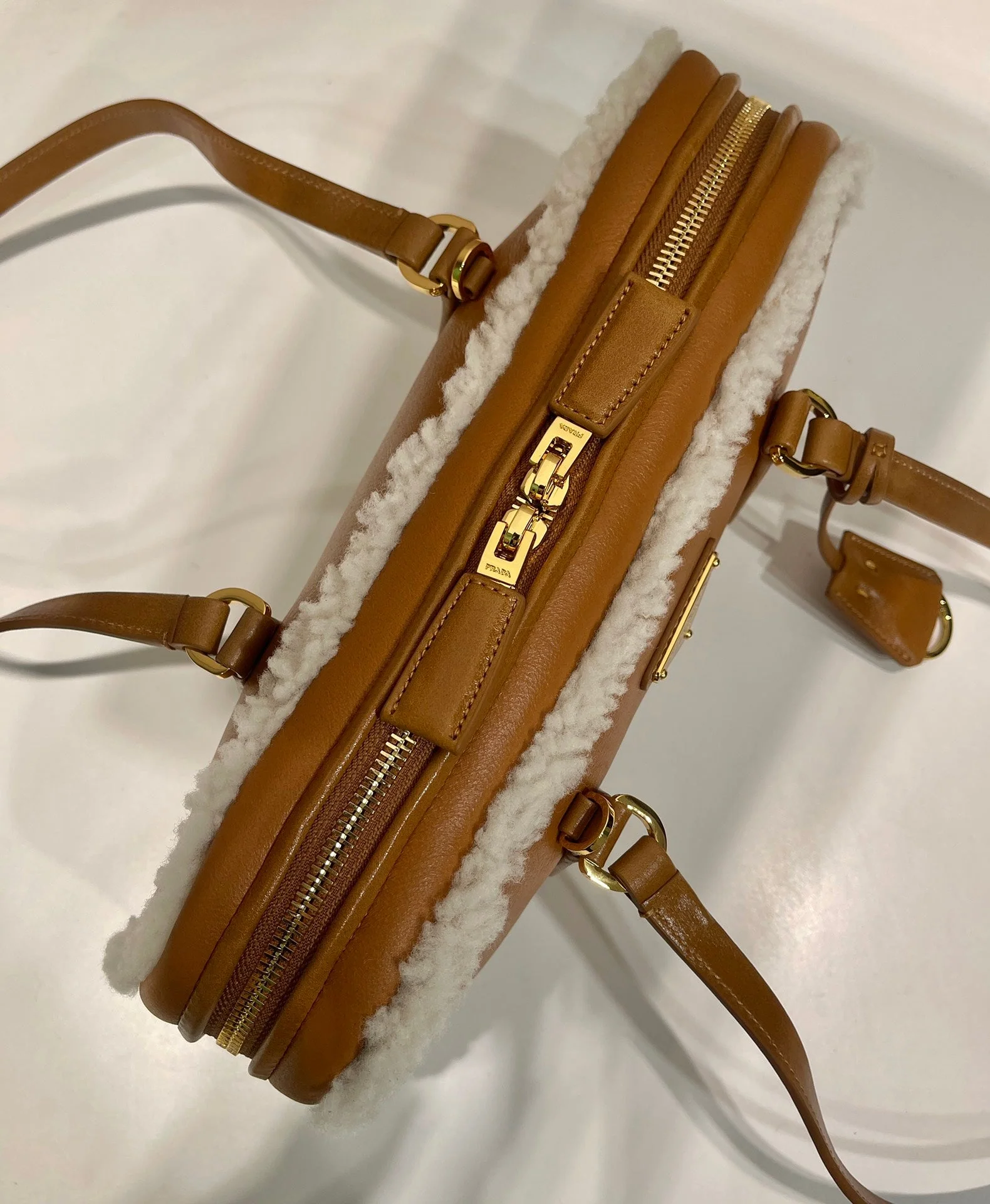 Prada TOP HANDLE BAG 27 IN BRONZE BROWN SHEEPSKIN AND SHEARLING TRIM