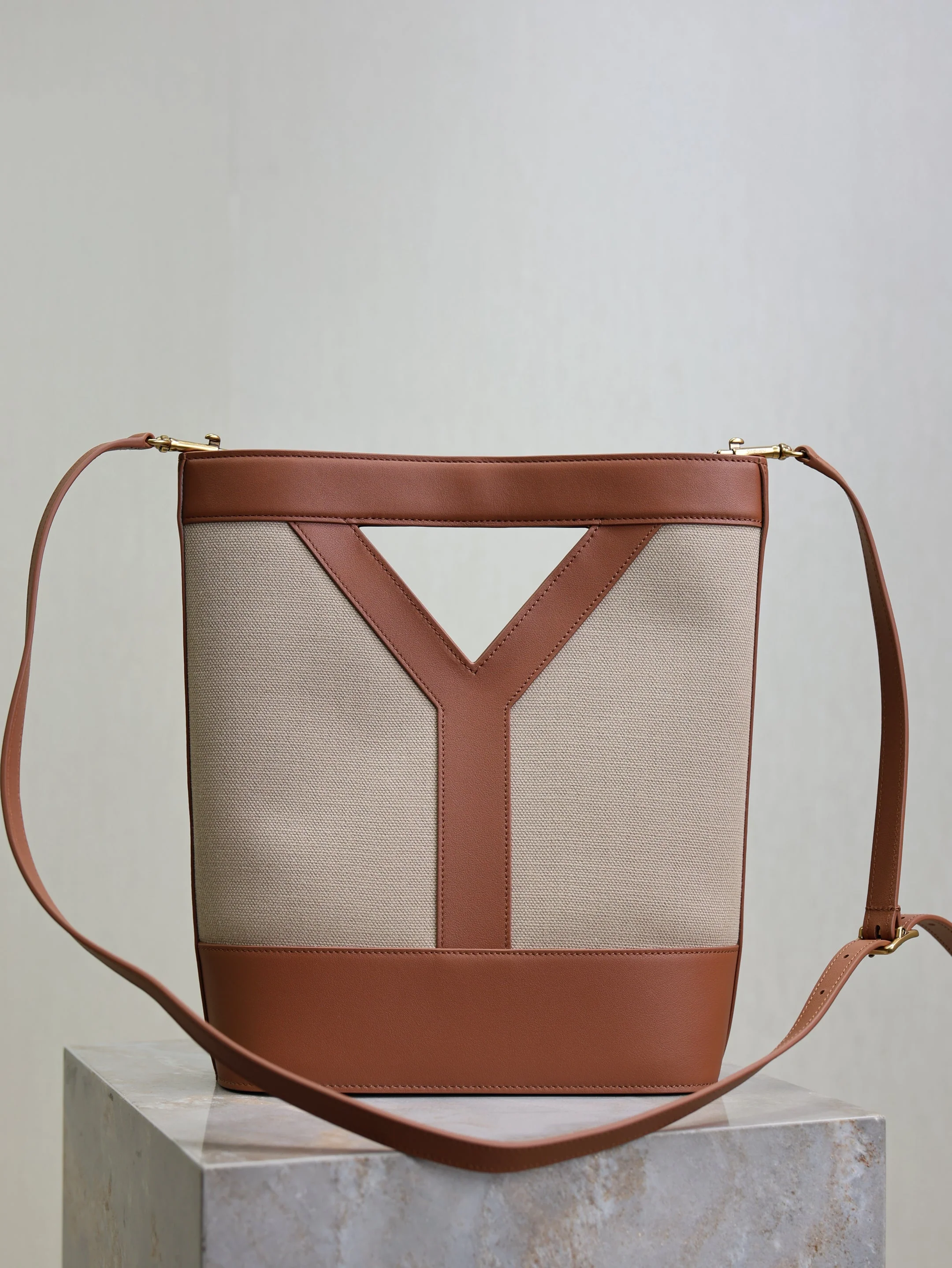 Saint Laurent YSL Small Bucket 23cm Caramel Beige Canvas Leather