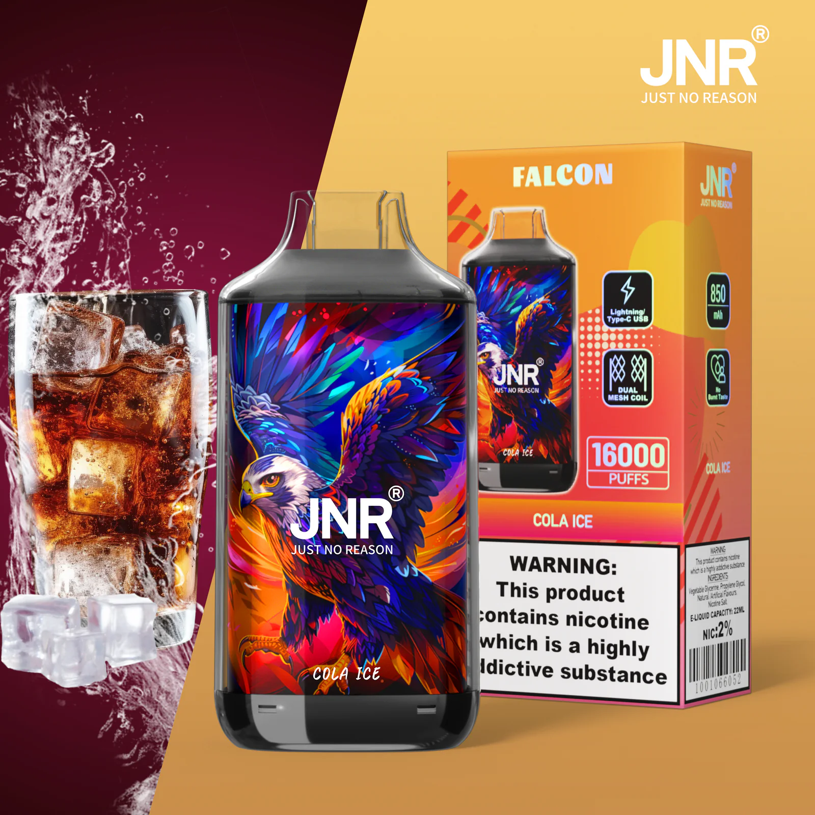 JNR Falcon 16K Rechargeable Disposable Vape – Cola Ice