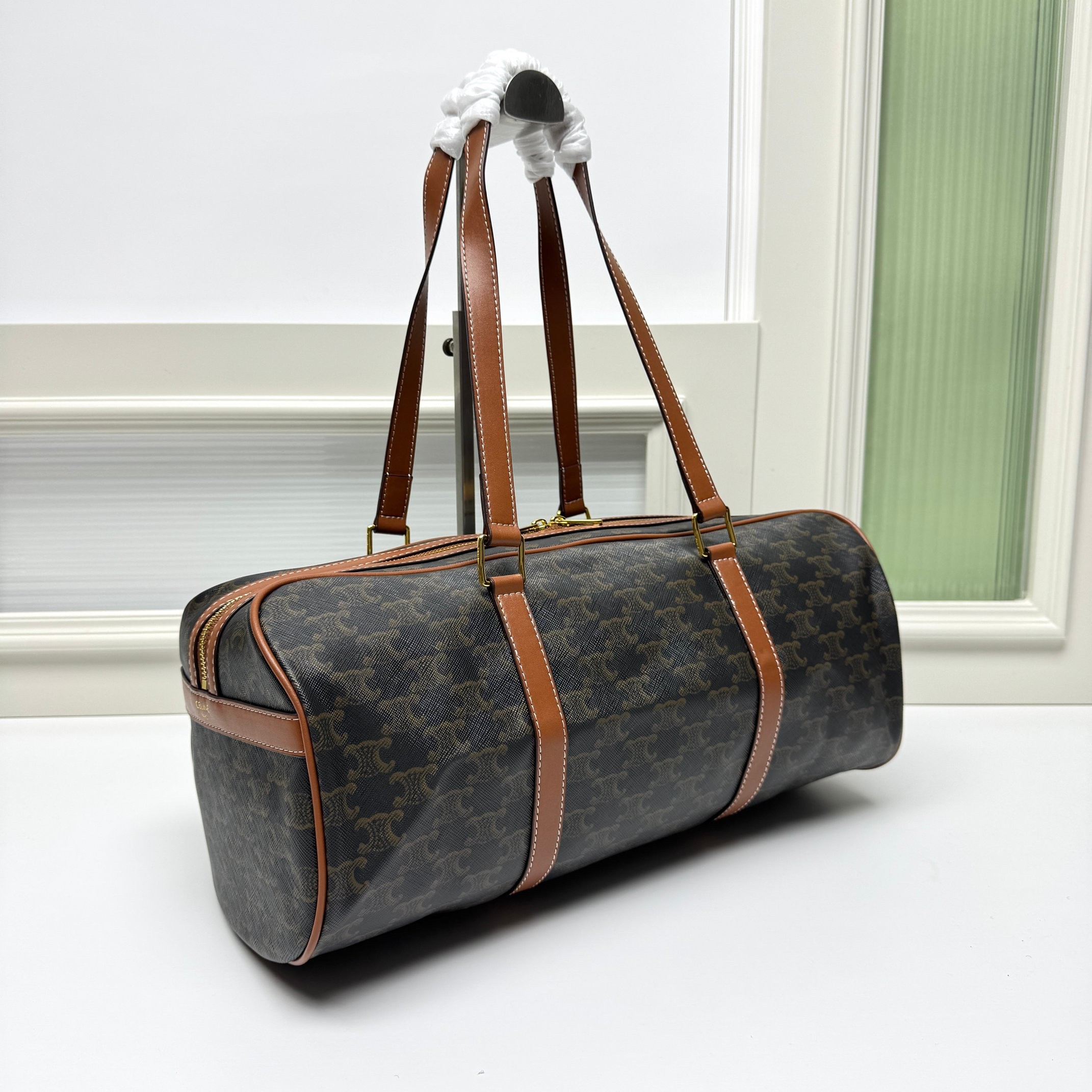 Celine Large Triomphe Monogram Canvas Cylindrical Boston Travel Bag With Leather Straps - KAIROO