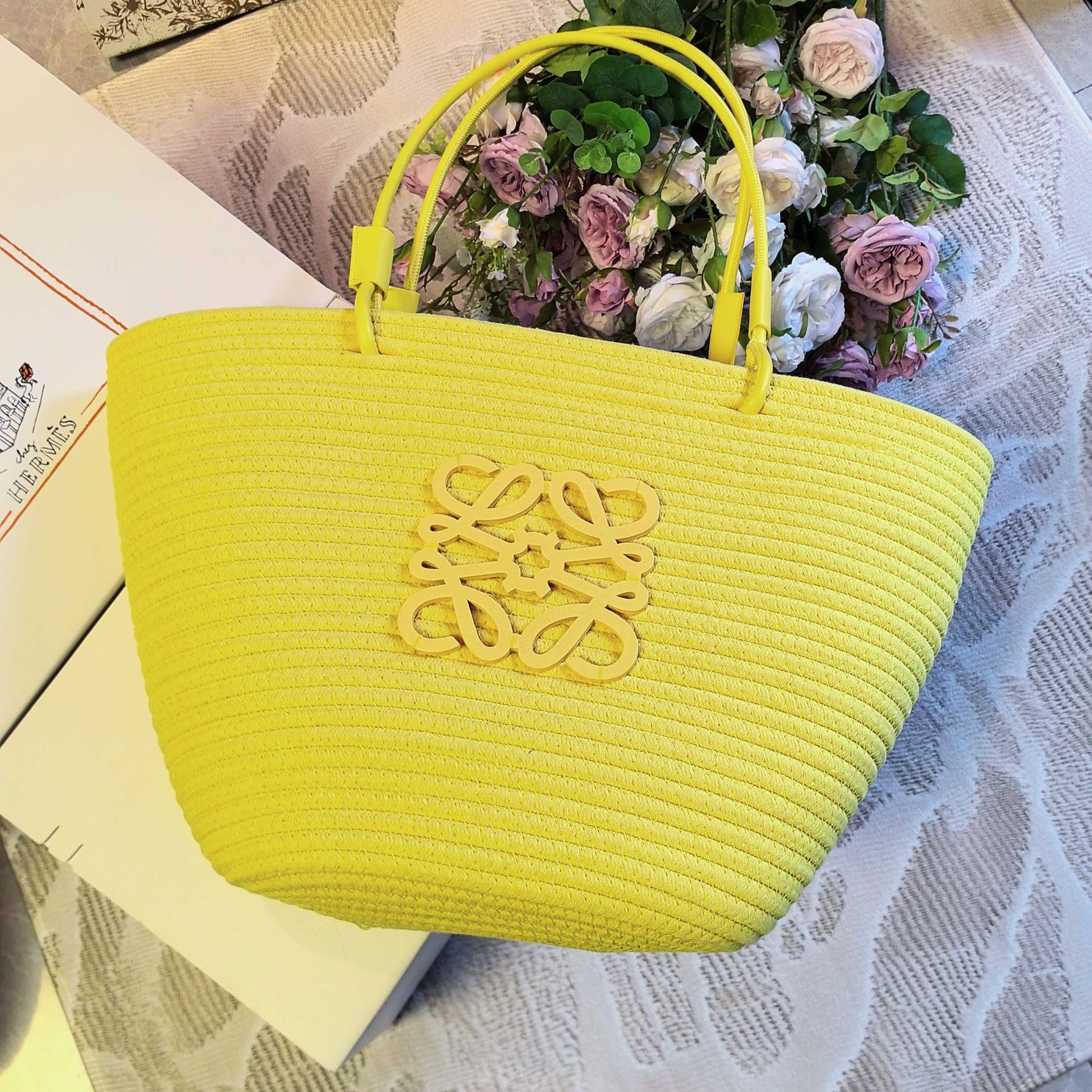 Loewe Paula's Ibiza Small Yellow Hand-woven Iraca Palm Leather Anagram Tote Basket Bag - KAIROO