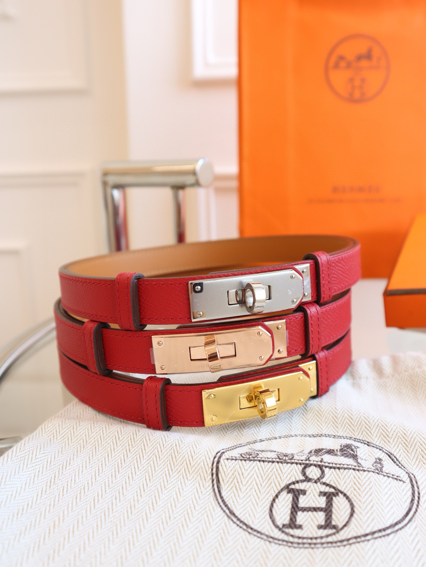 Hermes Red Kelly Mini leather Belt 18mm