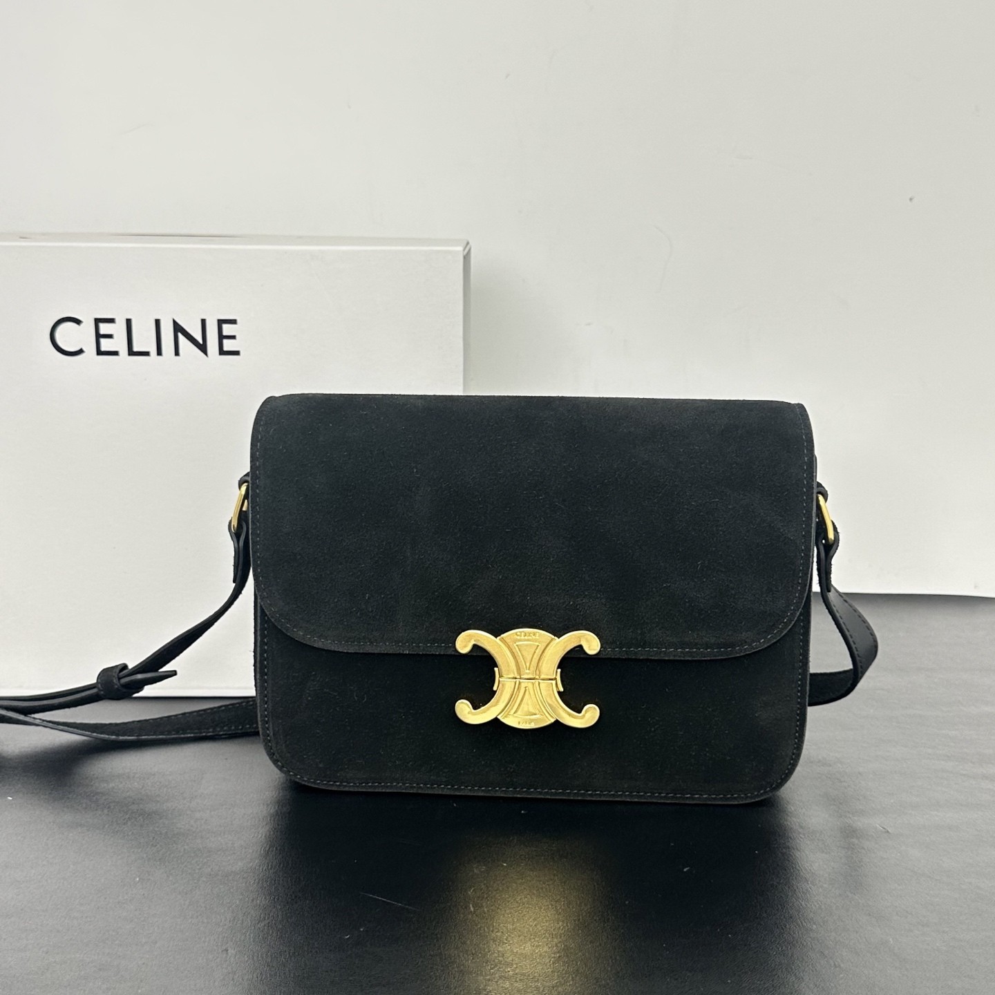 Celine Small& Medium Suede Leather Gold Metal Triomphe Flap Box Crossbody Bag - KAIROO