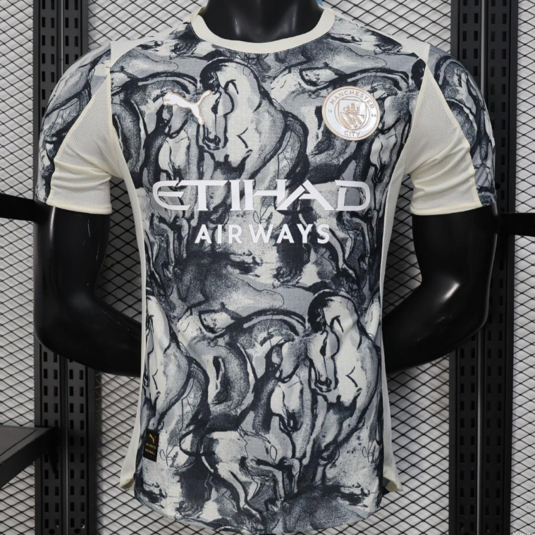25/26 Player Version Manchester City White with Black Marble Abstract Art Pattern Jersey S-2XL