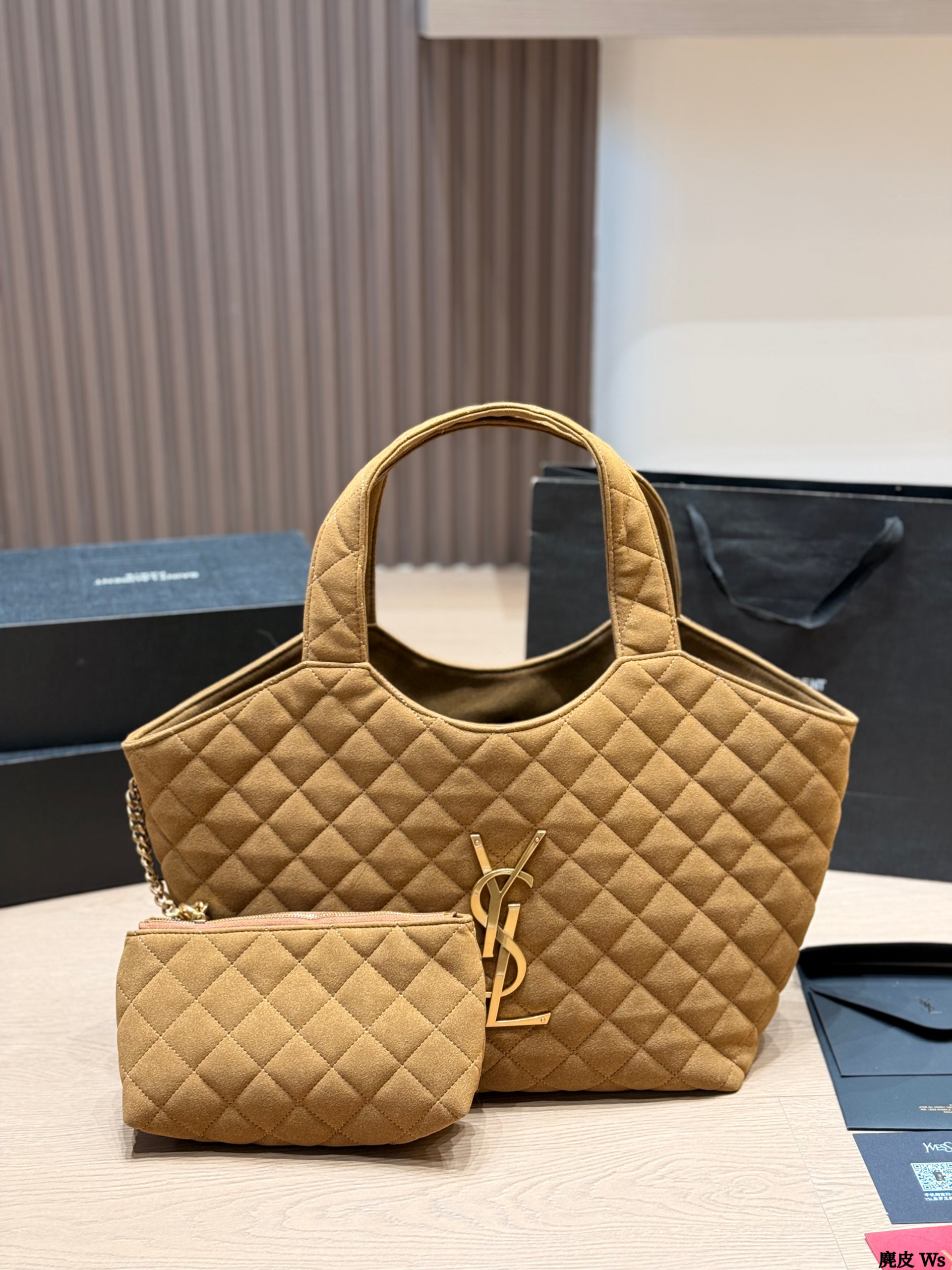 Saint Laurent YSL Icare Maxi/Small Camel Monogram Quilted Suede Leather Tote Bag With Pouch - KAIROO