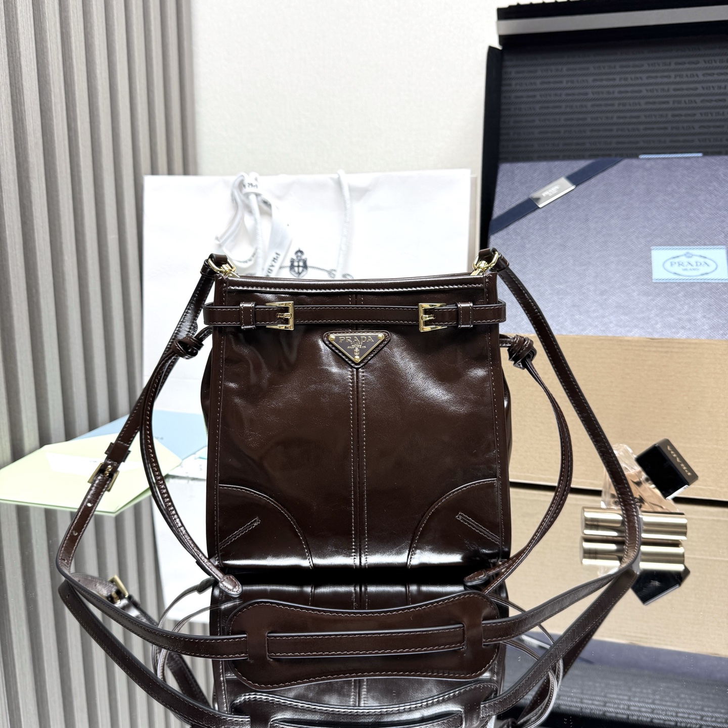 Prada Bonnie leather mini shoulder bag-Dark brown 1BH229