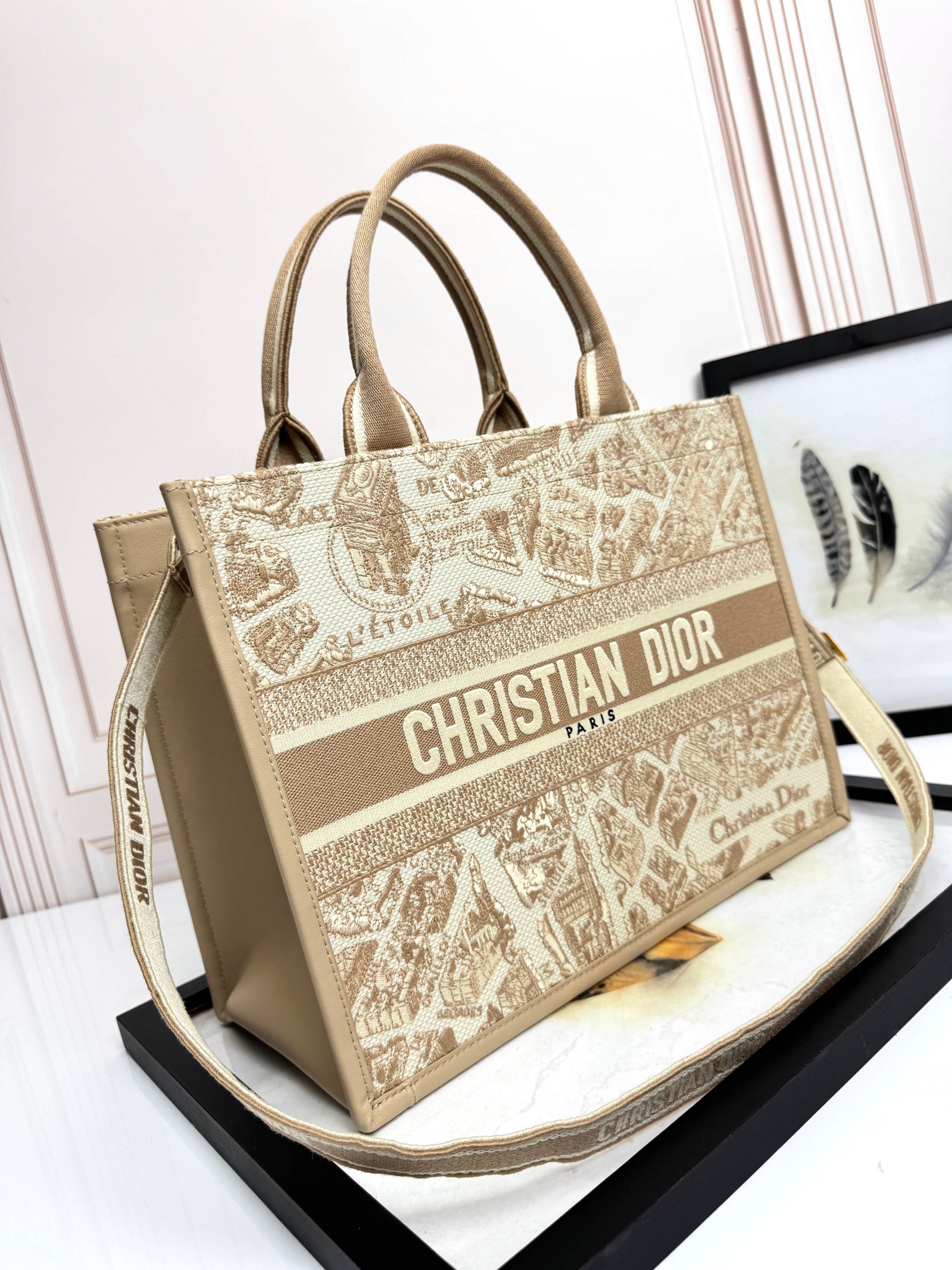 Dior Embroidered Canvas Medium  Book Tote with shoulder strap