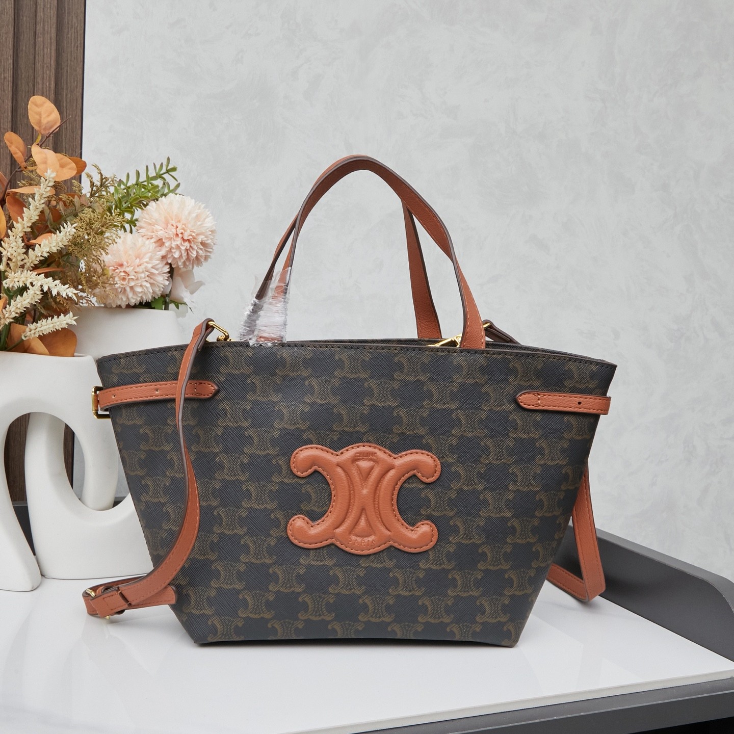 Celine Cabas Thais Monogram Canvas Embossed Cuir Triomphe Logo Trapeze Tote Bag - KAIROO