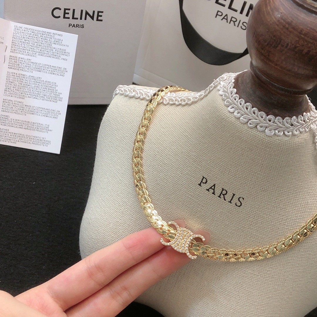 Celine Gold Finish Cuban Link Chain with Central Pave Crystal Triomphe Buckle Chunky Necklace - KAIROO