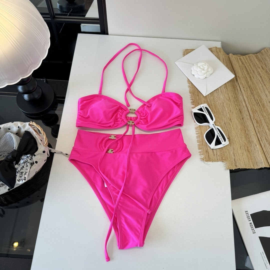 Celine Fuchsia Pink Halter Bandeau Triomphe Hardware High-Waisted Bikini Set Swimwear - KAIROO
