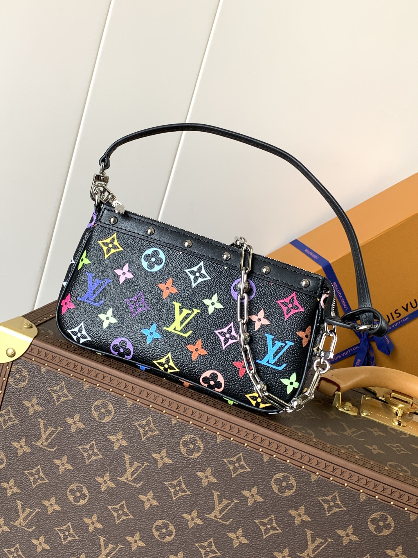 Louis Vuitton LV x TM Black Monogram Multicolore Canvas Leather Studded Chain PA Pouch Hobo Shoulder Bag - KAIROO
