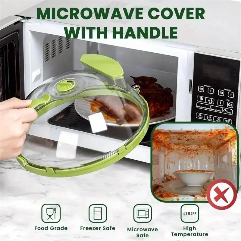 10-Inch Clear Microwave Splatter Cover with Water Steamer - BPA-Free Food Guard Plate Lid with Drainage Groove & Heat-Safe Handle