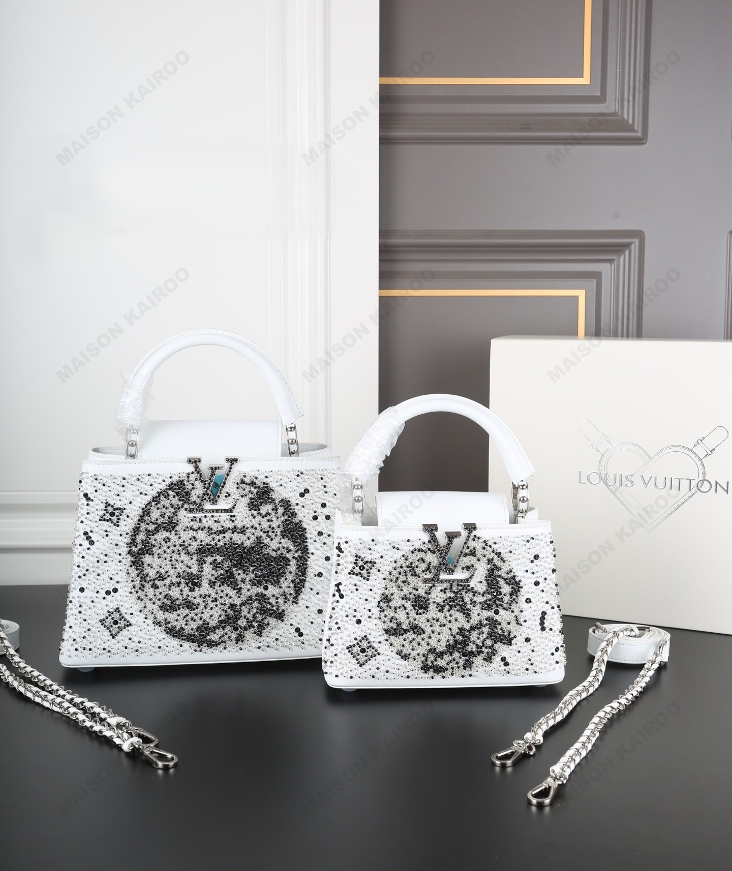 Louis Vuitton LV Capucines BB/Mini White Gradient Planet Beaded Studs Smooth Leather Top Handle Bag - KAIROO
