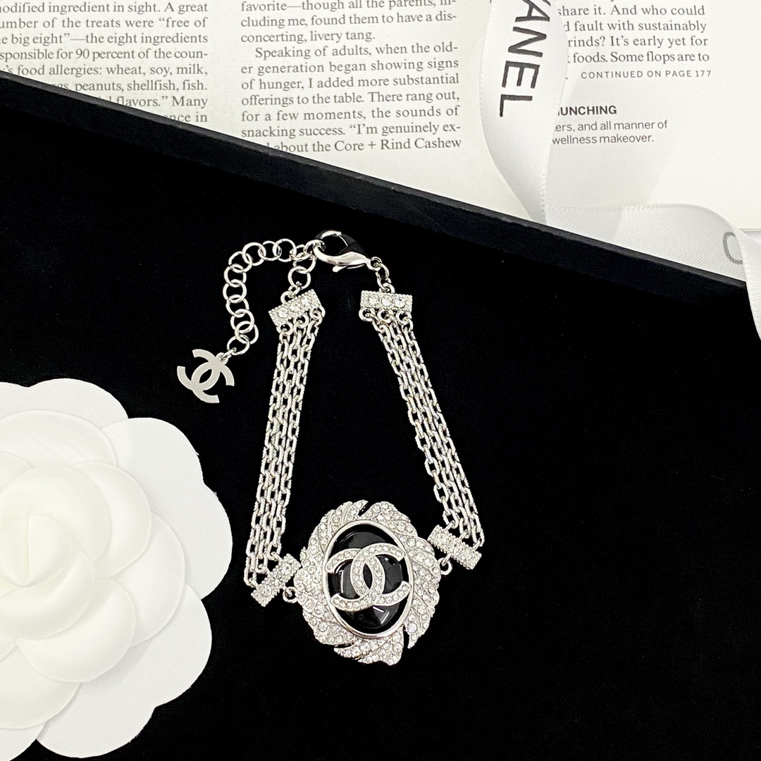 Chanel Silver Crystal Camellia CC Black Enamel Multi-Chain Charm Bracelet - KAIROO