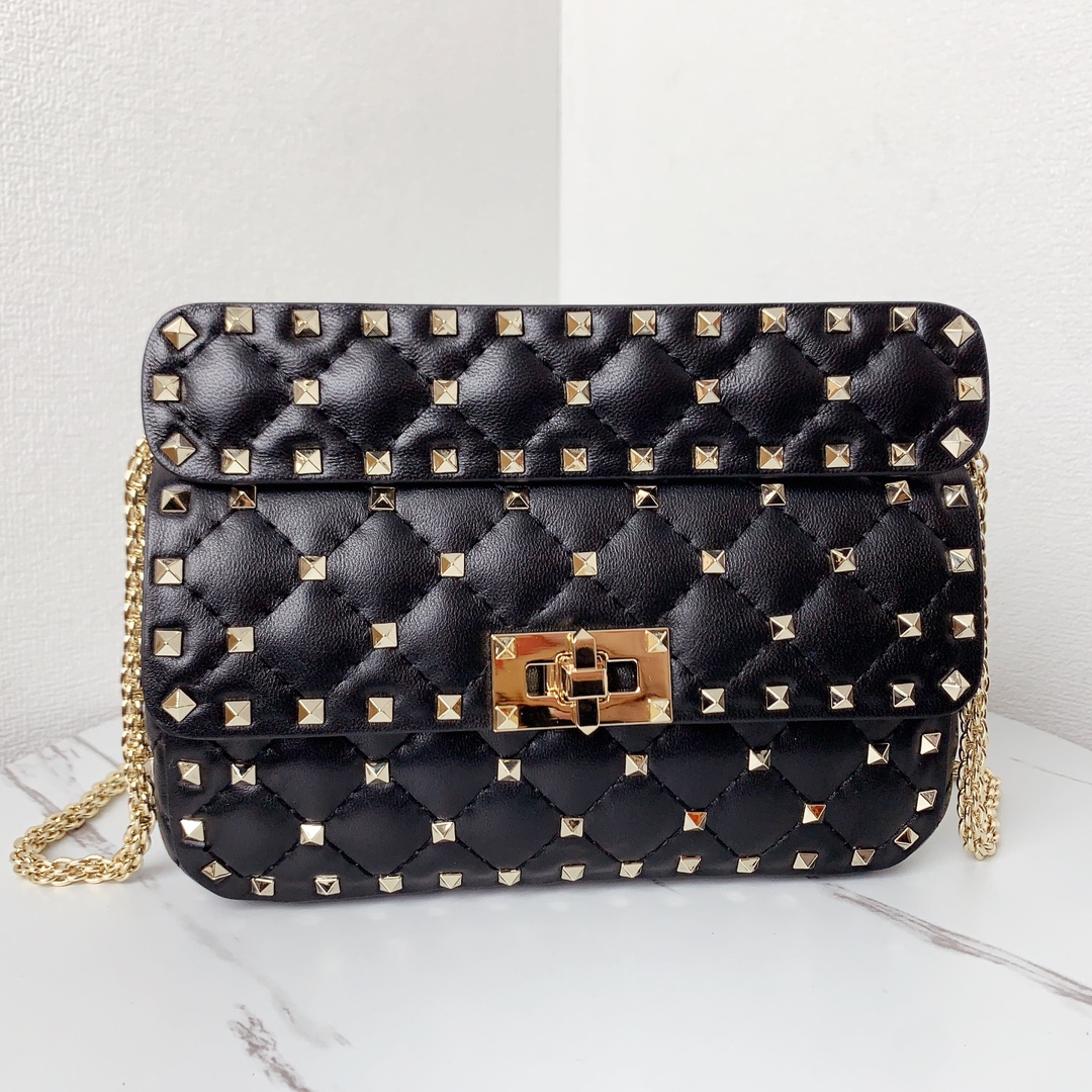 Valentino Classic Spike Medium Shoulder Bag in Lambskin -Black