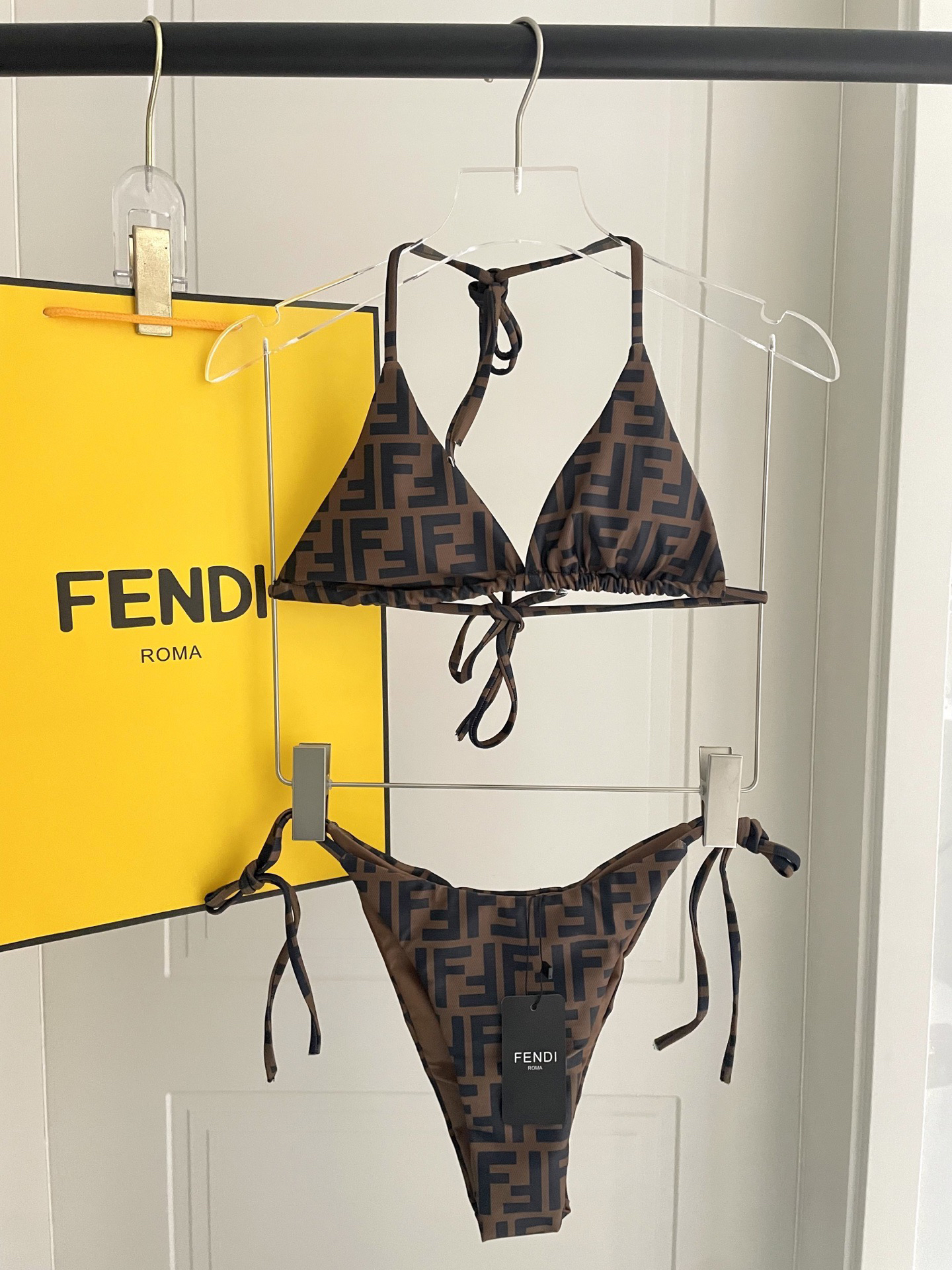 Fendi FF Monogram Print Tie Strap Triangle Bikini Two-Piece Swimsuit /Brown - KAIROO