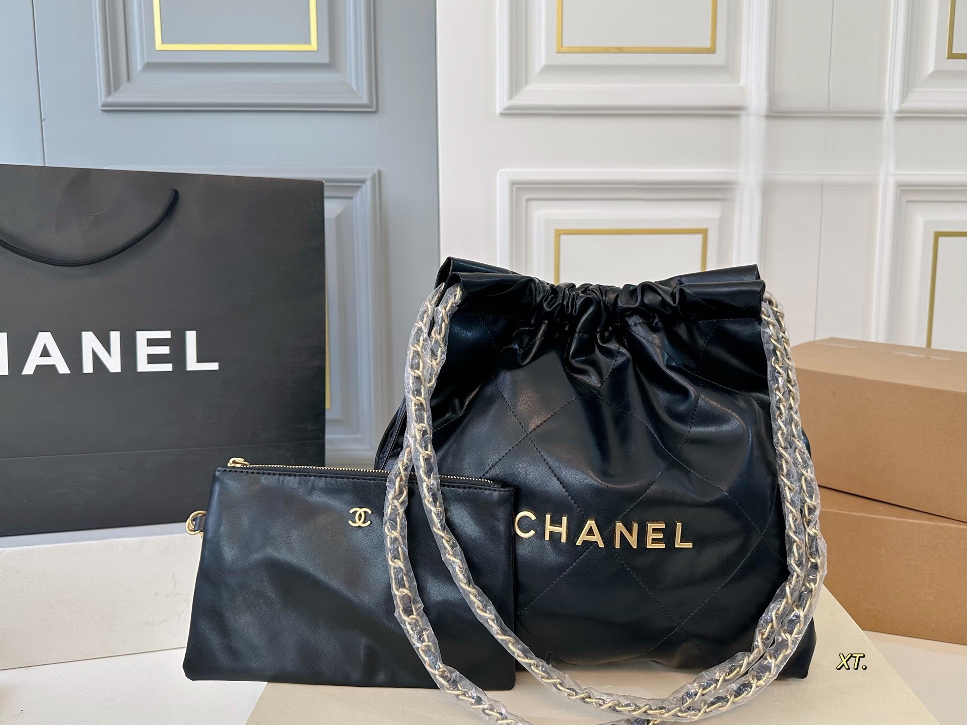 Chanel 22 Small Quilted Leather Logo Charm Drawstring Trash Bucket Hobo Shoulder Bag With Pouch - KAIROO