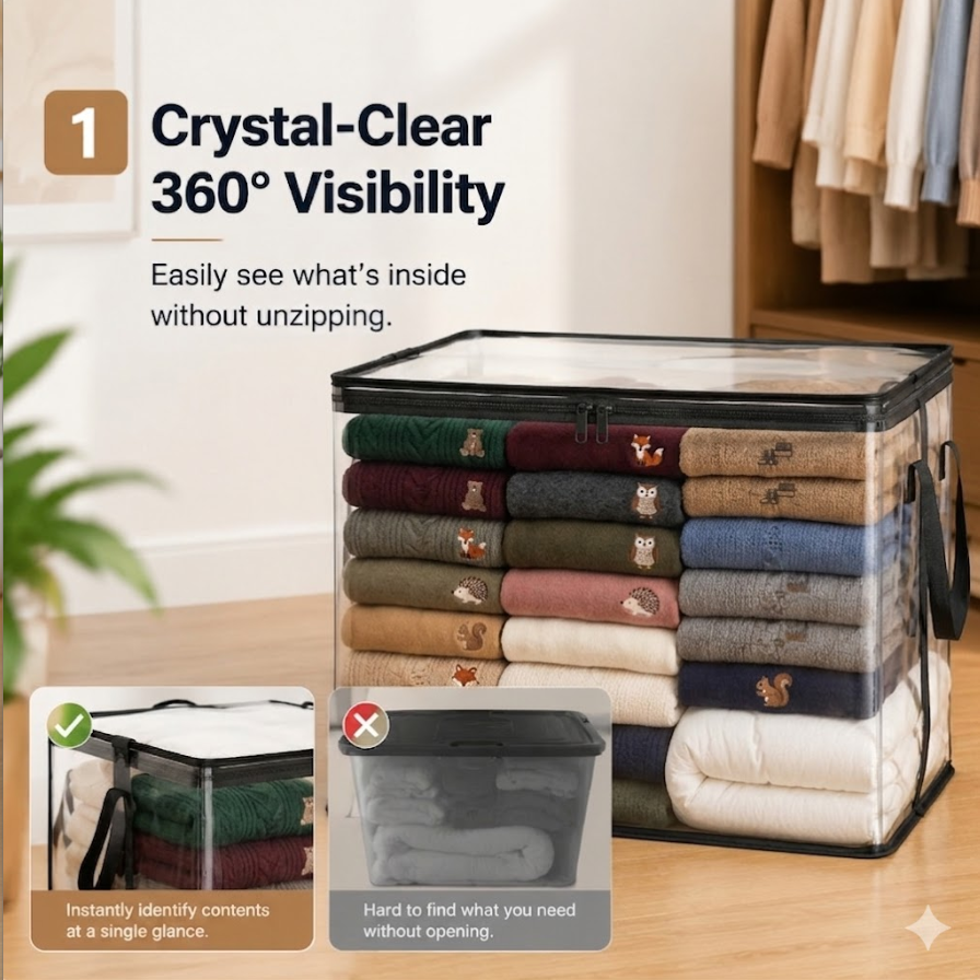 Clear PVC Storage Totes - Stackable Zippered Organizer Bags with Reinforced Handles for Bedding, Moving & Camping