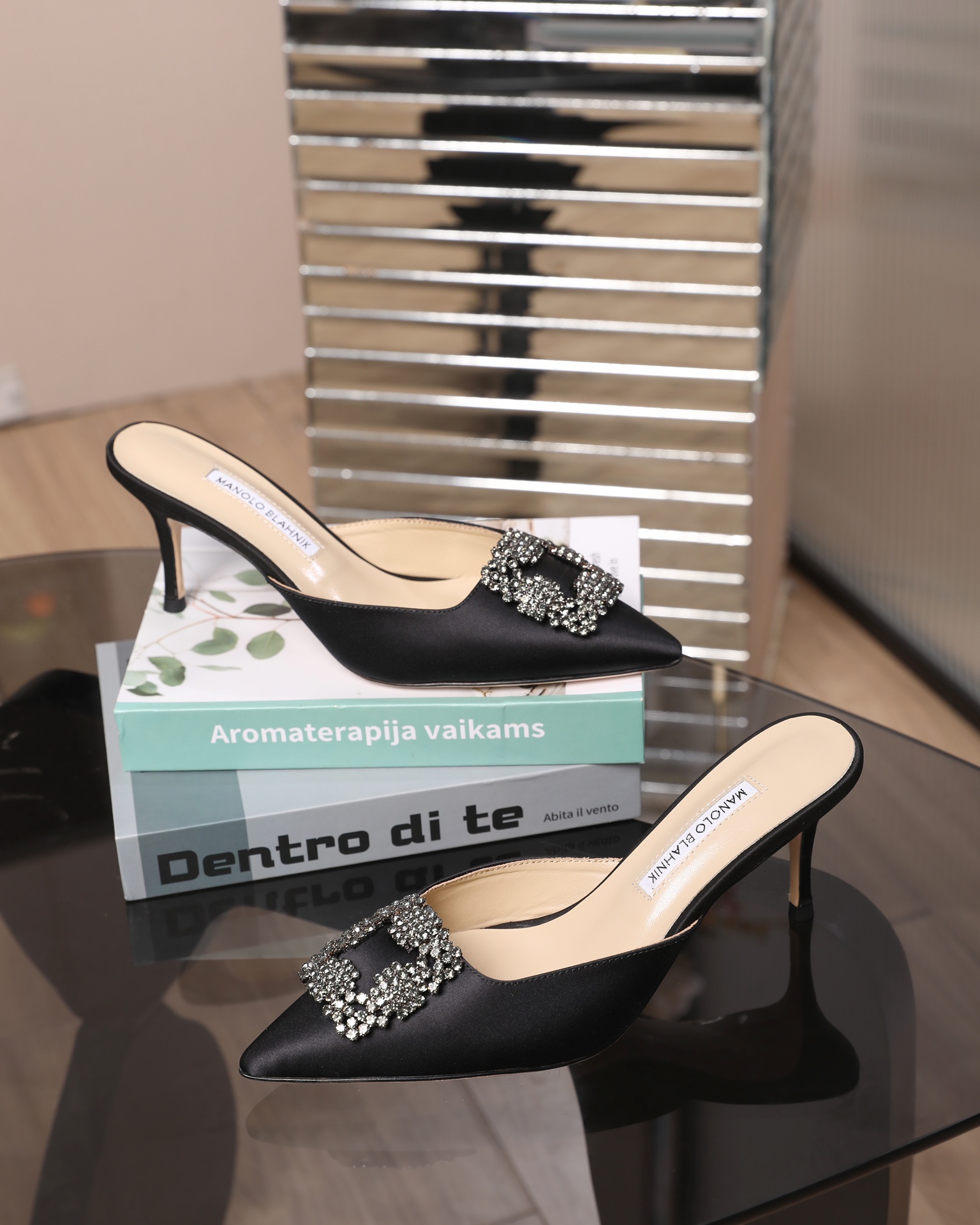 Manolo Blahnik Swarovski Crystal Satin Heeled Slide