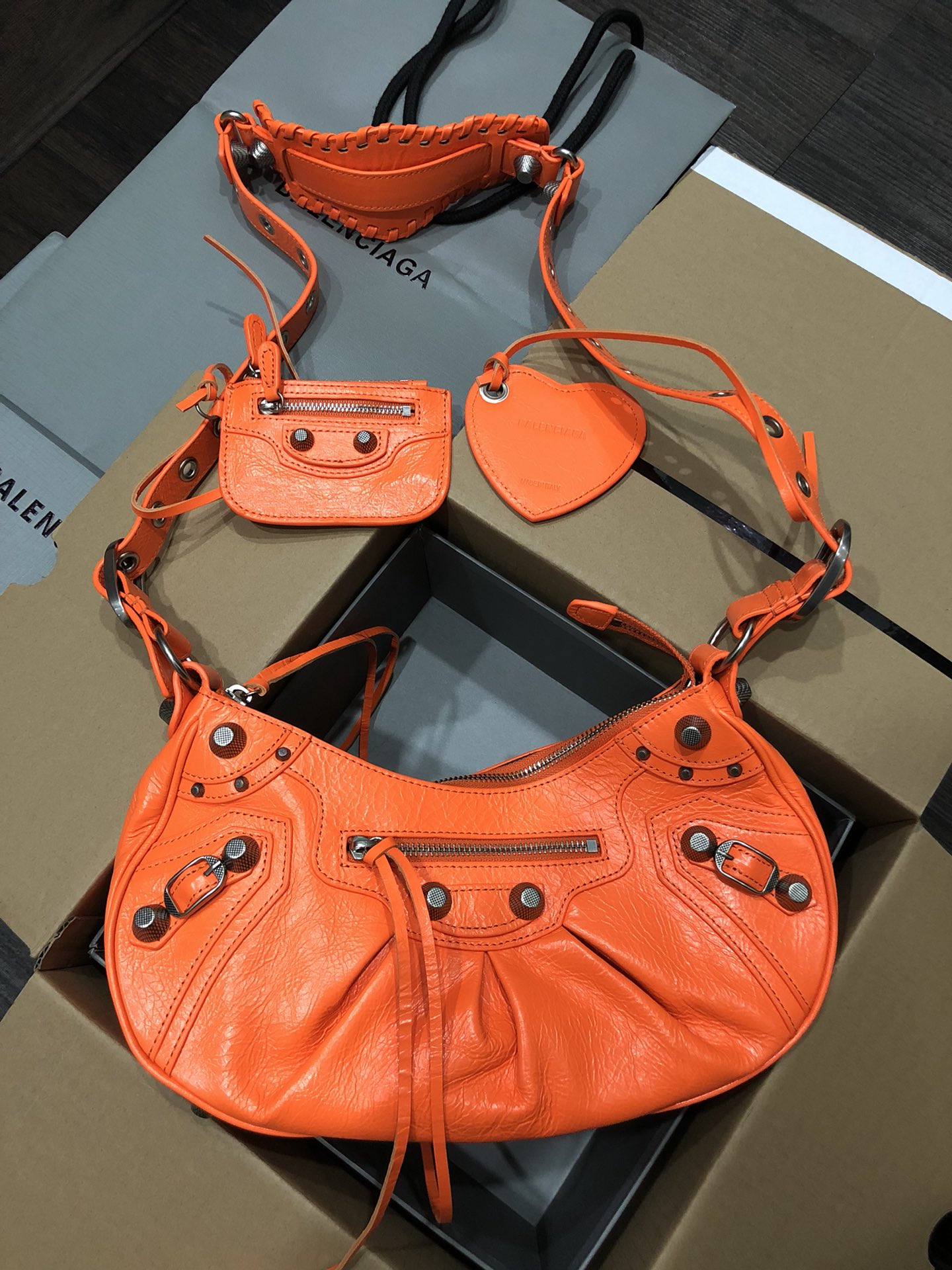 Balenciaga Le Cagole Orange Limited Crinkled Leather Studded Purse& Heart Mirror Charm Hobo Shoulder Bag - KAIROO
