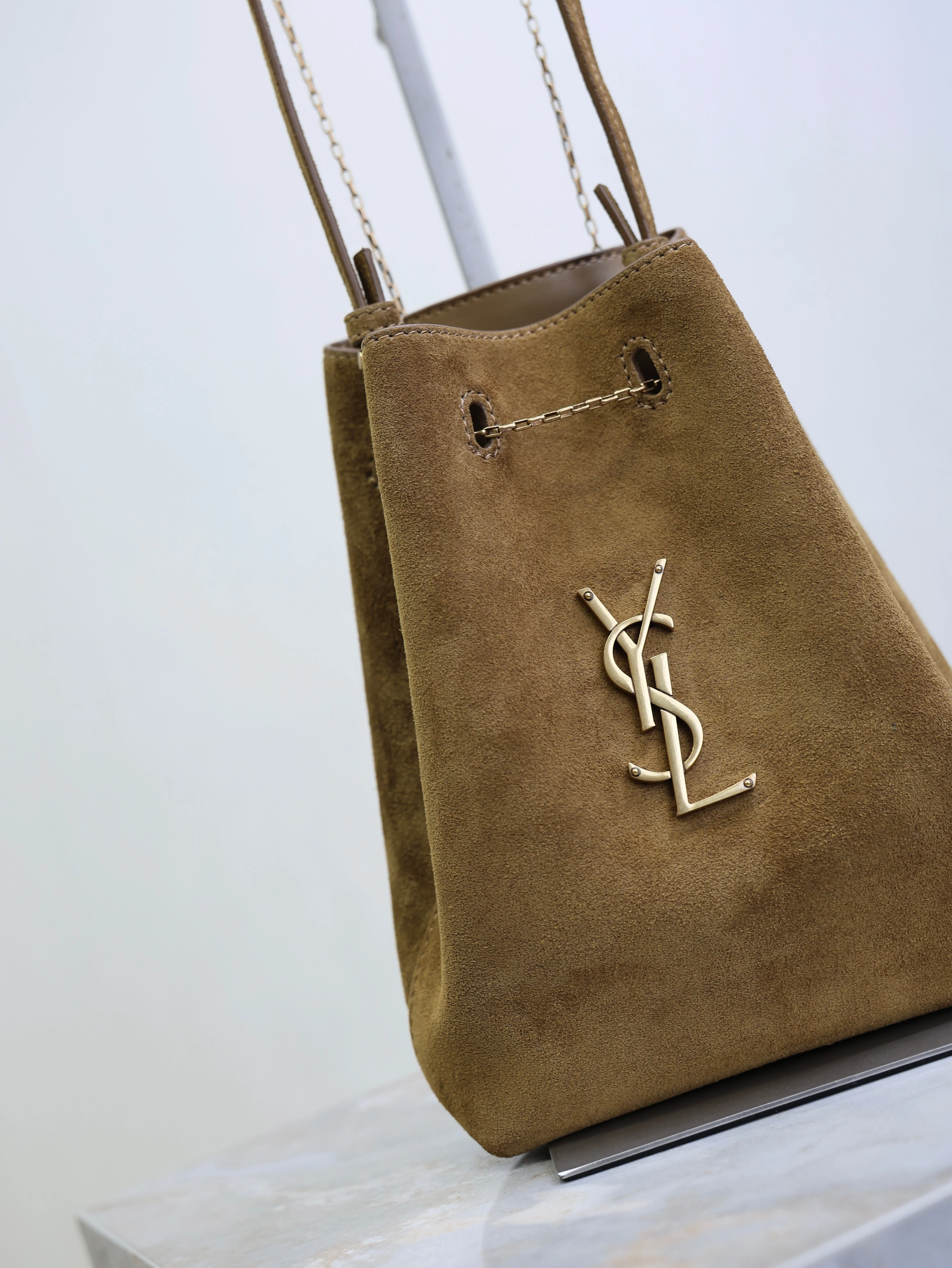Saint Laurent YSL Pochon Bucket Bag 20cm Brown Suede Bronze-Tone HW