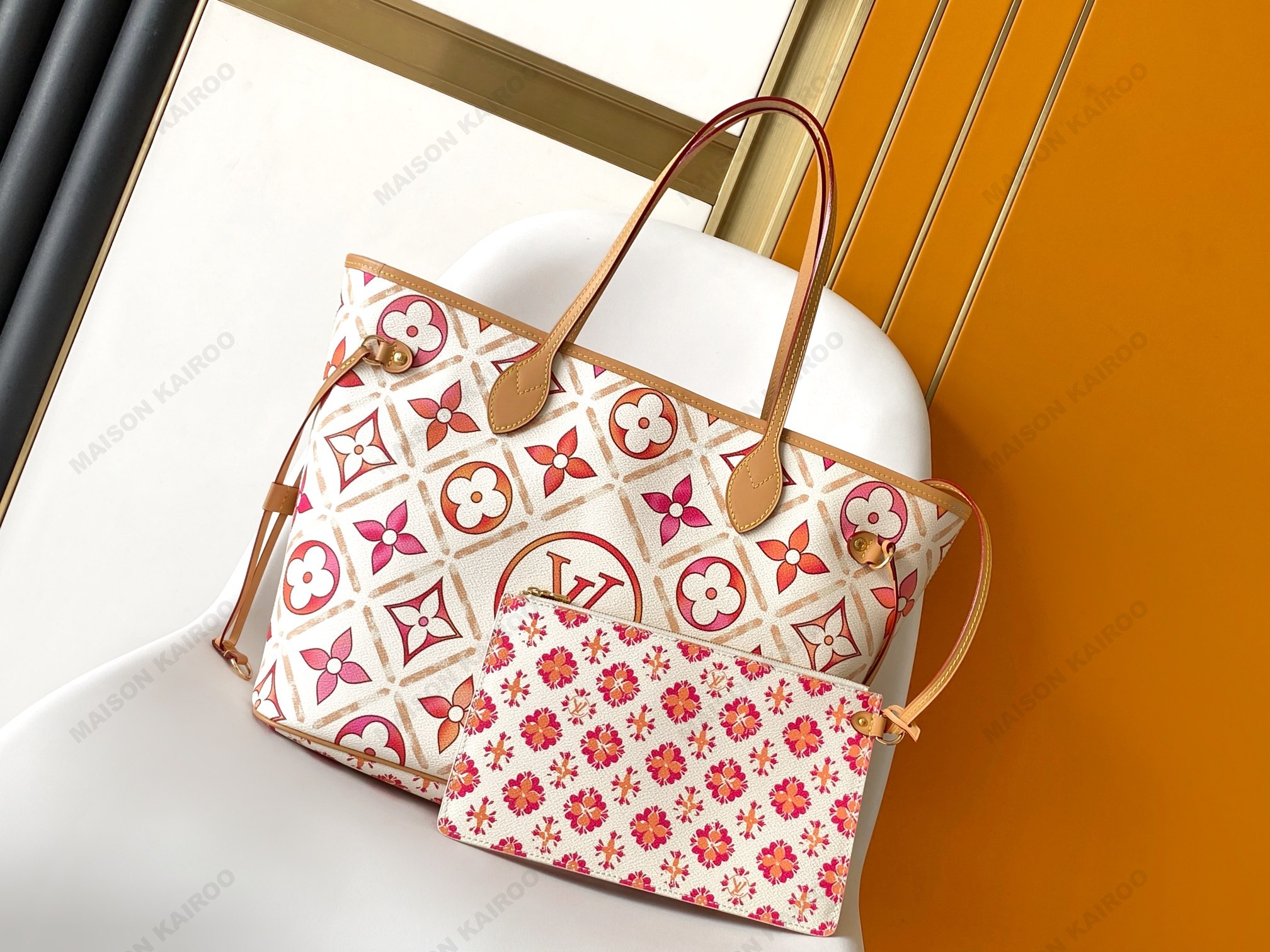 Louis Vuitton LV Neverfull MM Watercolor Giant Tile Print Monogram Canvas Tote Top Handle Bag With Pouch - KAIROO