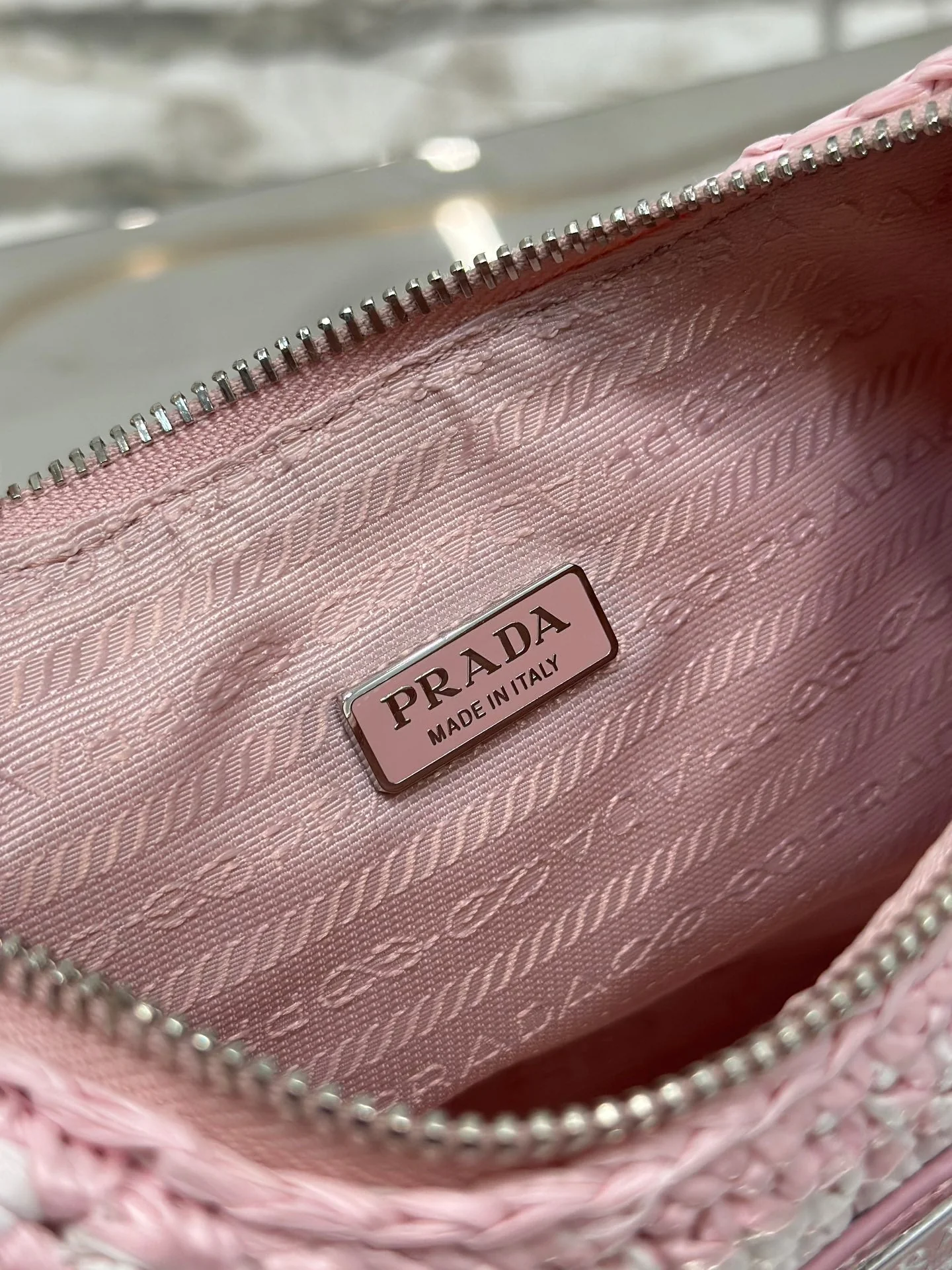 Prada CROCHET HOBO BAG 22 IN PINK MIX WHITE RAFFIA SILVER HARDWARE