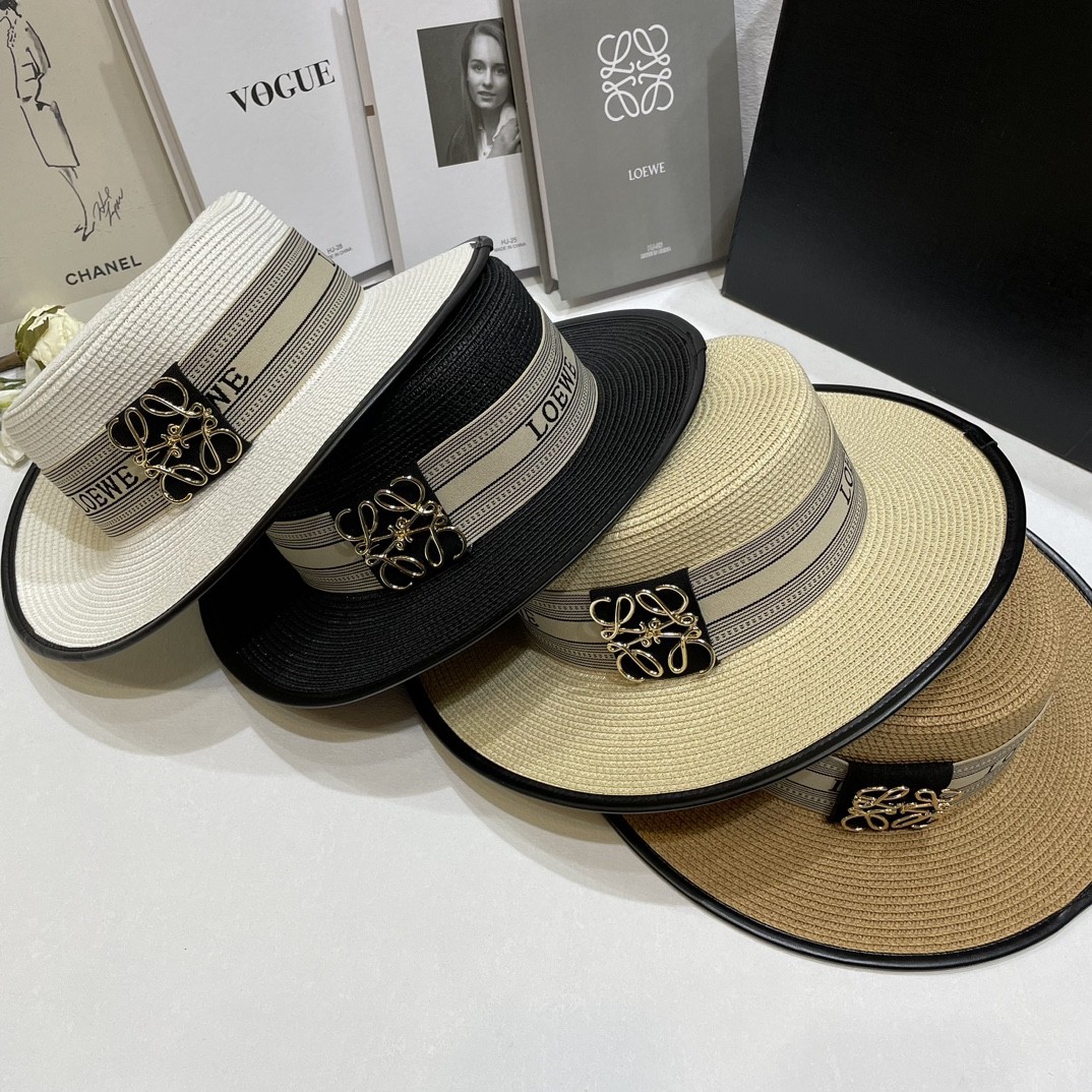 Loewe Gold-Tone Anagram Plaque Jacquard Band Leather Trim Straw Top Boater Hat - KAIROO