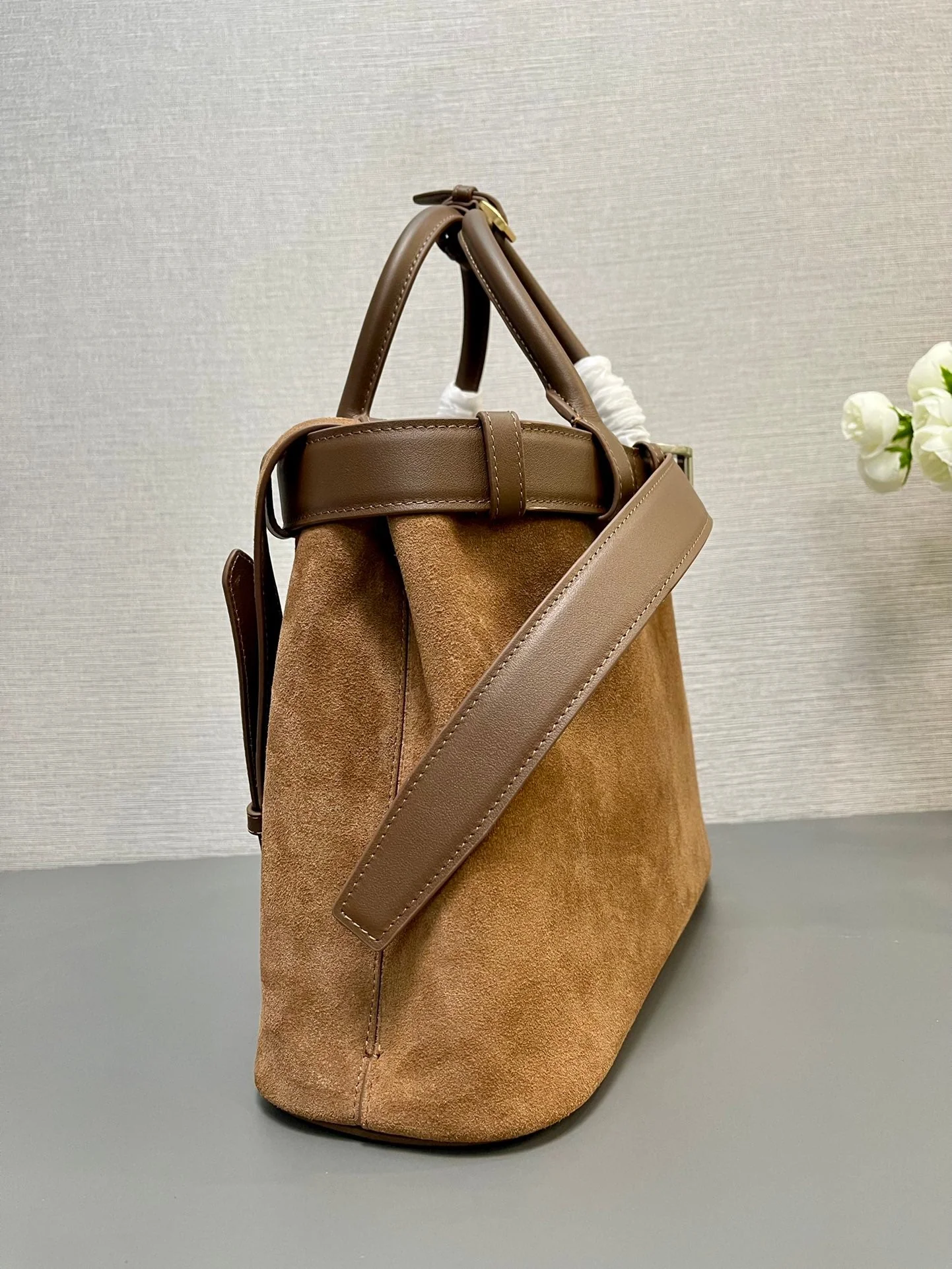 Prada MEDIUM TOTE BAG WITH 35 IN RUSSET BROWN SUEDE