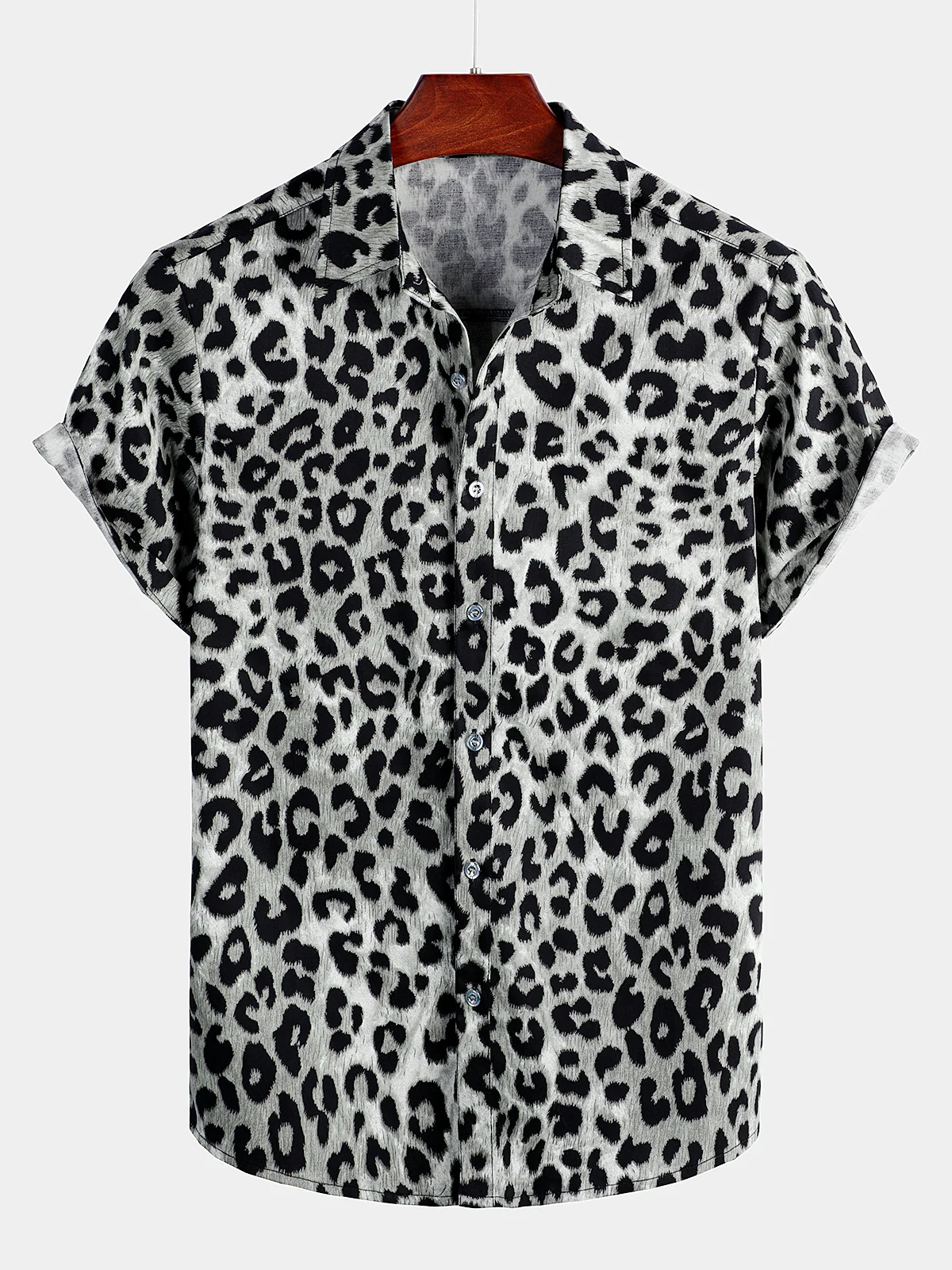 Men's White Leopard Cheetah Animal Print Rock Cotton Casual Short Sleeve Shirt