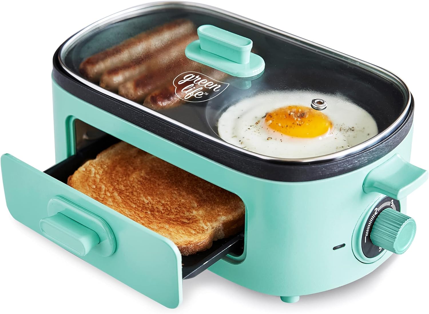 GreenLife 3-in-1 Breakfast Maker Station, Healthy Ceramic Nonstick Dual Griddles for Eggs Meat Sausage Bacon Pancakes and Breakfast Sandwiches, 2 Slice Toast Drawer, Easy-to-use Timer, Turquoise