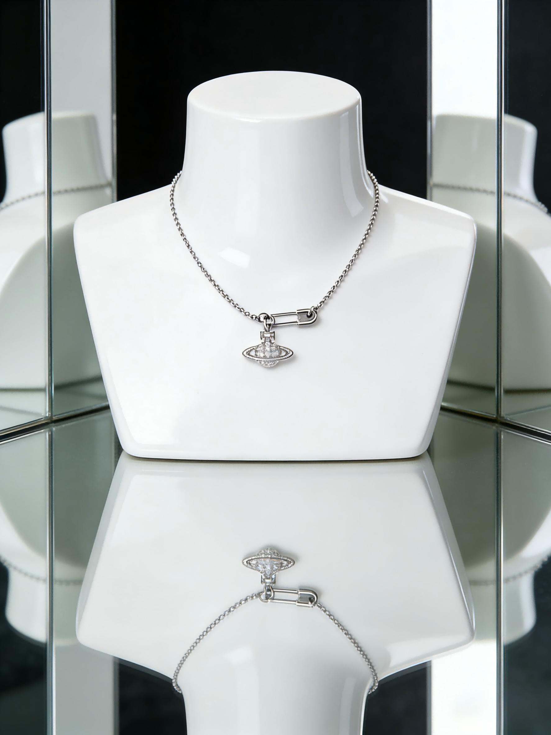 Chic Silver Saturn Safety Pin Choker, Retro Planet Charm Necklace, Statement Accessory