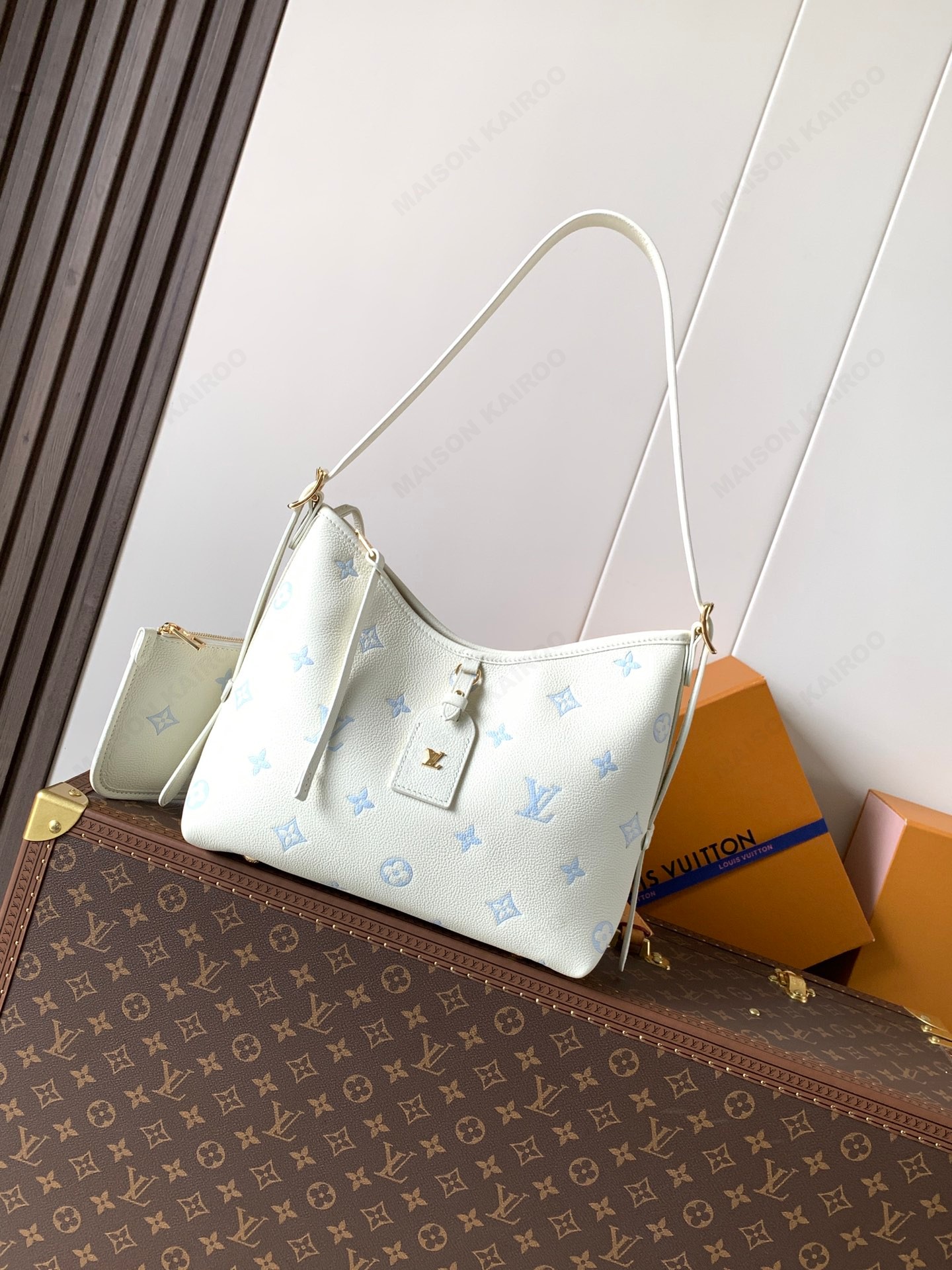 【10A】Louis Vuitton LV Carryall PM Cream Blue Dense Monogram Empreinte Leather Hobo Tote Shoulder Bag - KAIROO