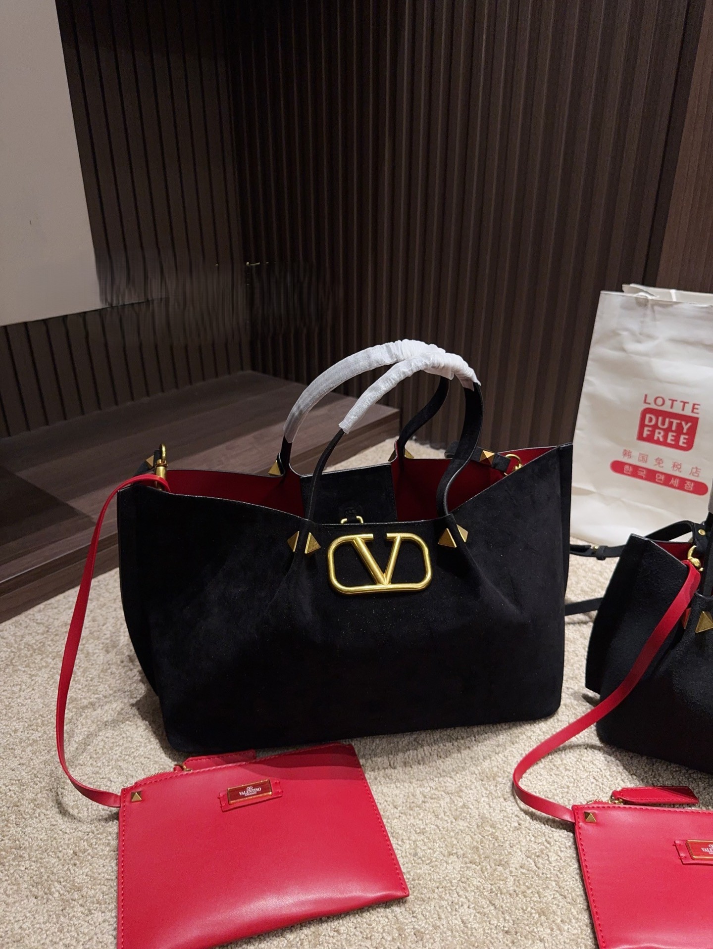 Valentino VLogo Signature Black Suede Leather Studded Handle Tote Shopper Bag With Pouch - KAIROO