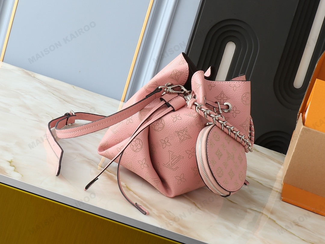 Louis Vuitton LV Mahina Bella Pink Dense Perforated Monogram Leather Drawstring Bucket Handle Shoulder Bag - KAIROO