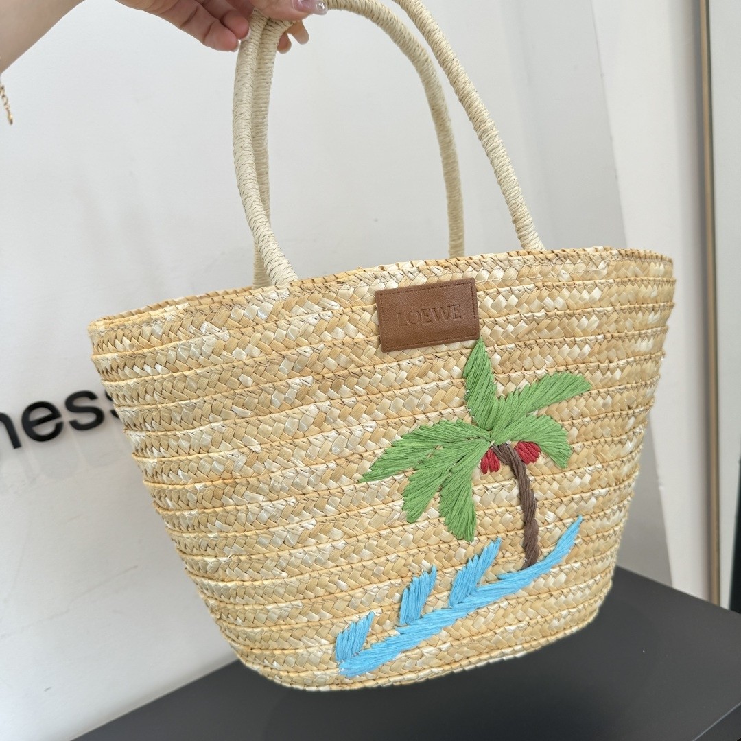 Loewe Paula's Ibiza Palm Tree Raffia Embroidery Leather Patch Drawstring Basket Tote Bag - KAIROO