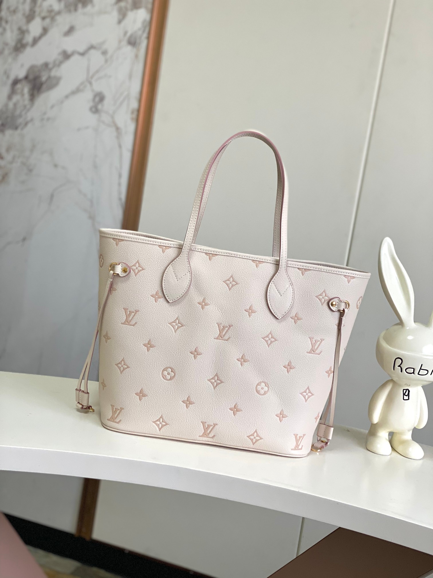 Louis Vuitton LV Neverfull MM Cream Nude Bicolor Dense Monogram Empreinte Leather Tote Bag - KAIROO