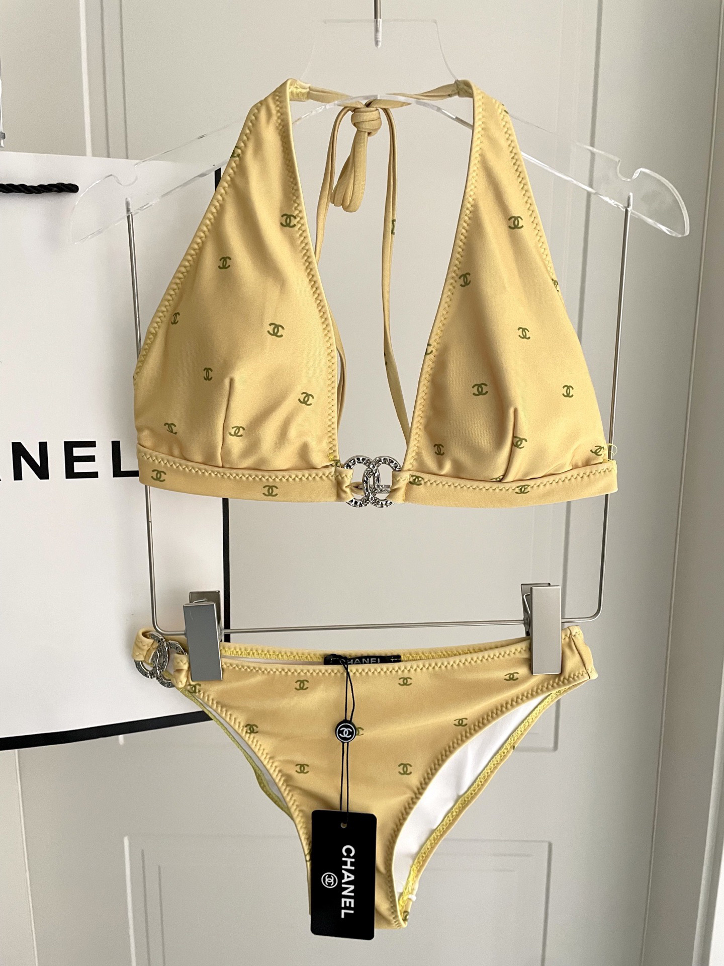 Chanel All-Over CC Logo Print Double Metal Clasp Bikini Set Two-Piece Swimsuit/ Yellow - KAIROO