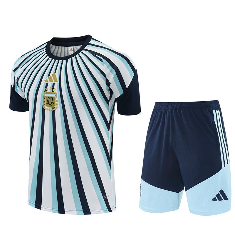 2026 Kids Argentina White & Light Blue Radial Stripe Short Sleeve+Soccer Shorts 16-28