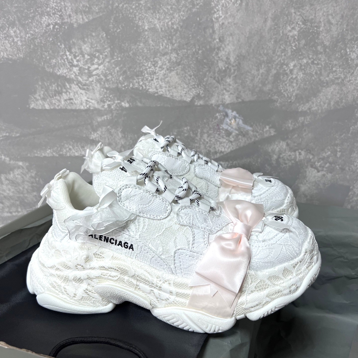Balenciaga Triple S White Lace Mesh Fabric Pink Ribbon Satin Bow Lace Up Chunky Sneakers - KAIROO