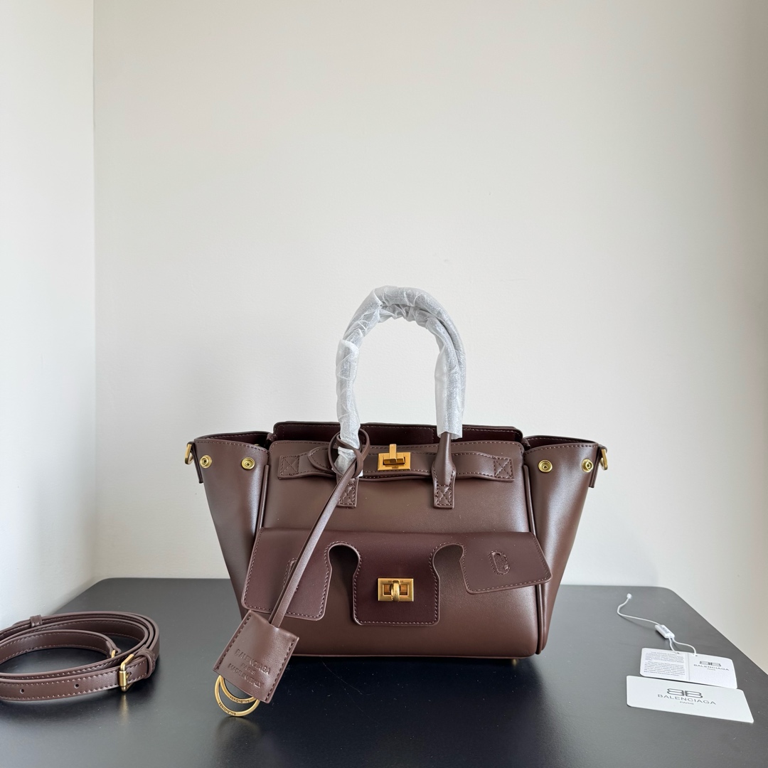 Balenciaga Bel Air Medium/Mini Smooth Leather Multi-Pocket Flared Side Panels Handle Tote Bag - KAIROO