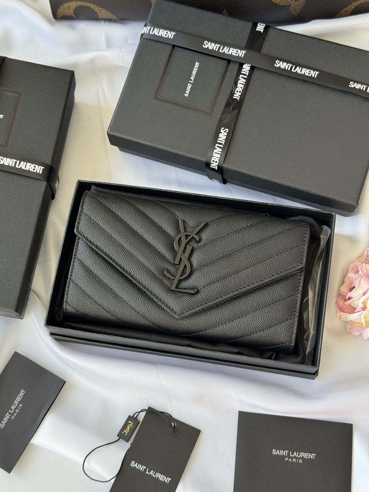 Saint Laurent Black Cassandre Large Wallet in Grained leather
