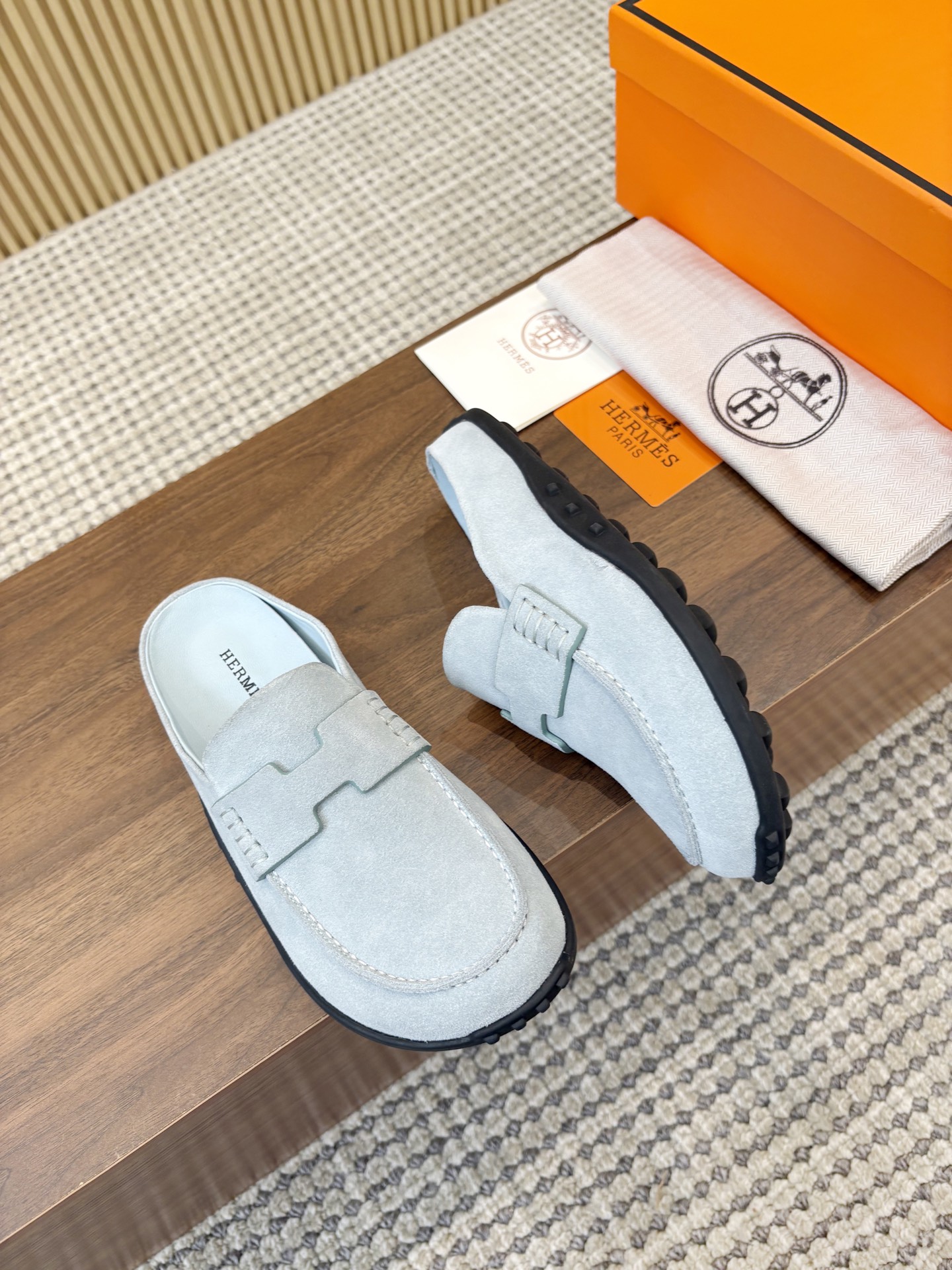 Hermès Light Blue H Cut-Out Suede Leather Go Loafer Mules - KAIROO