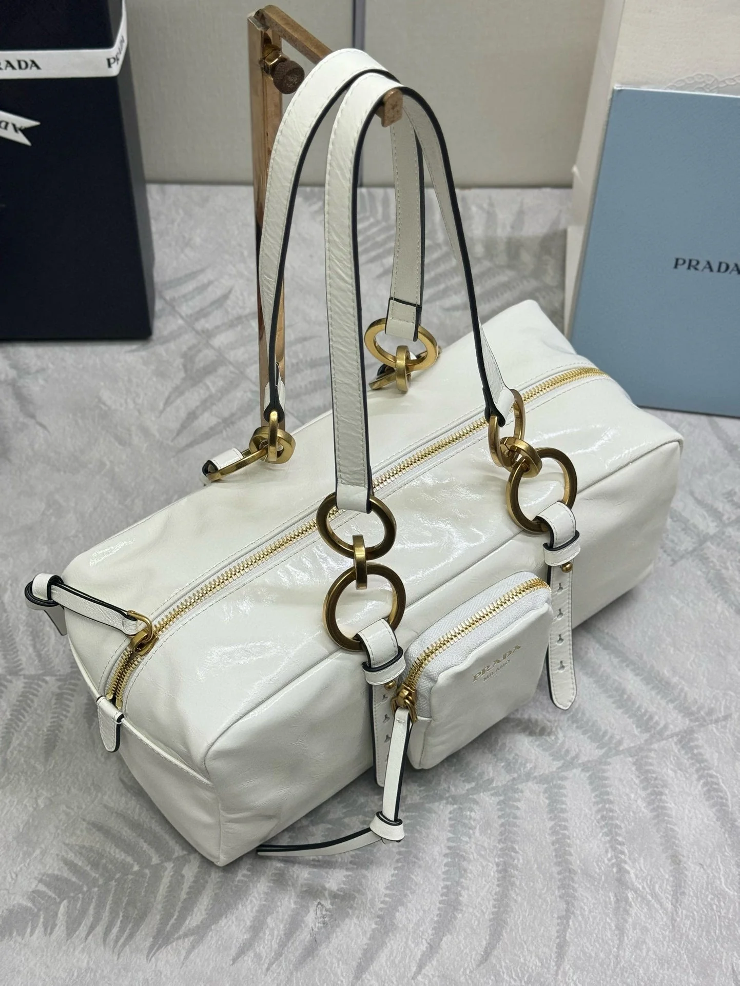 Prada DANGLE TOP HANDLE BAG 30 IN WHITE PATENT CALFSKIN